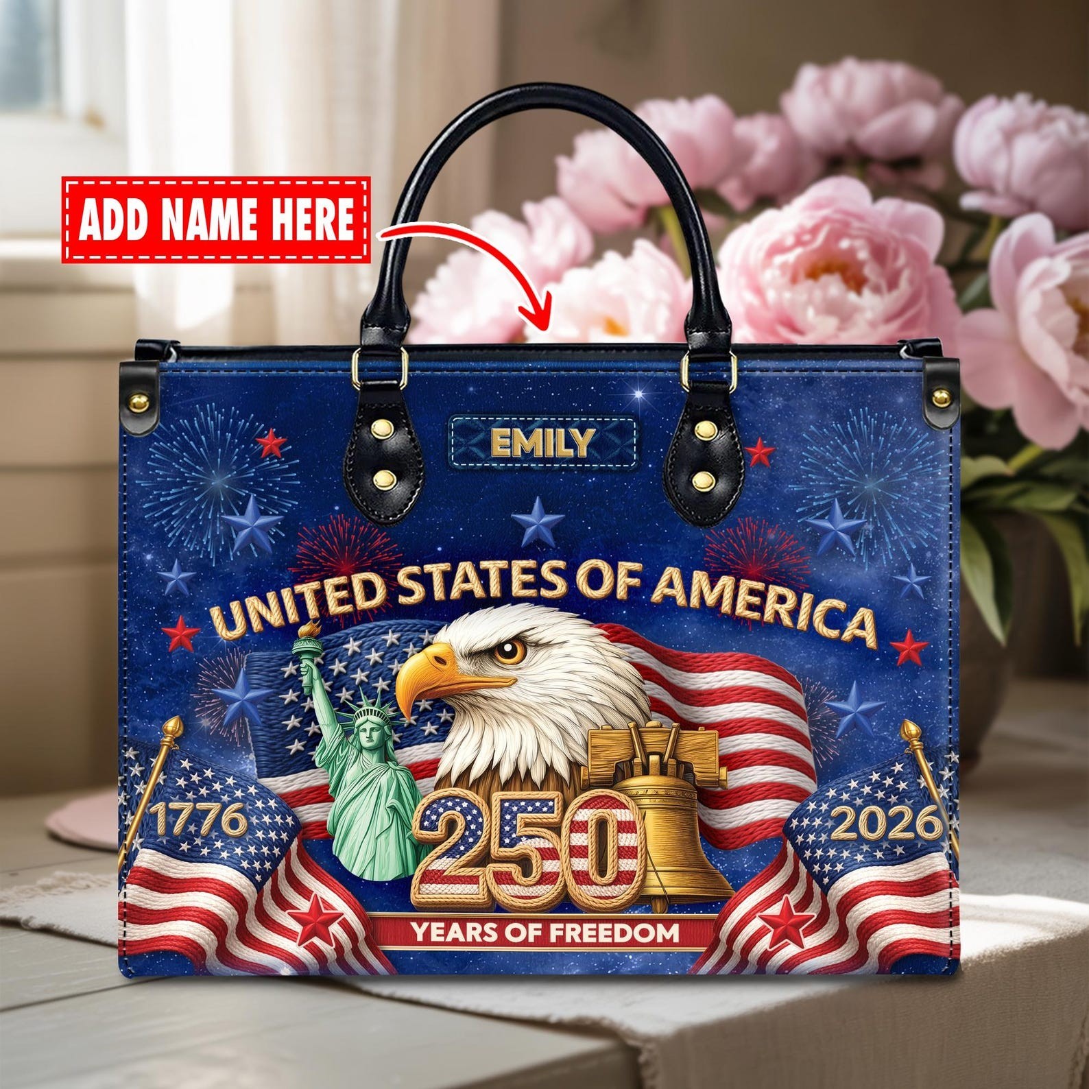 Personalized Faux Embroidery 250th Anniversary USA Leather Handbag,Vintage 1776-