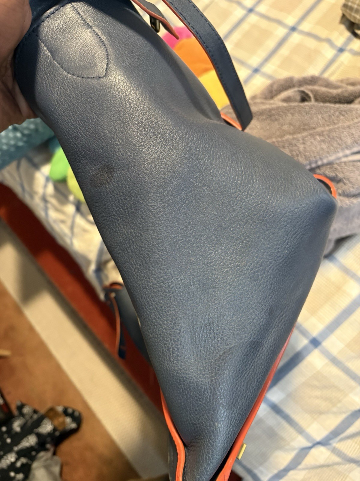 Celine Phantom Tote Bag Navy Blue Leather with Orange Piping Vintage Authentic