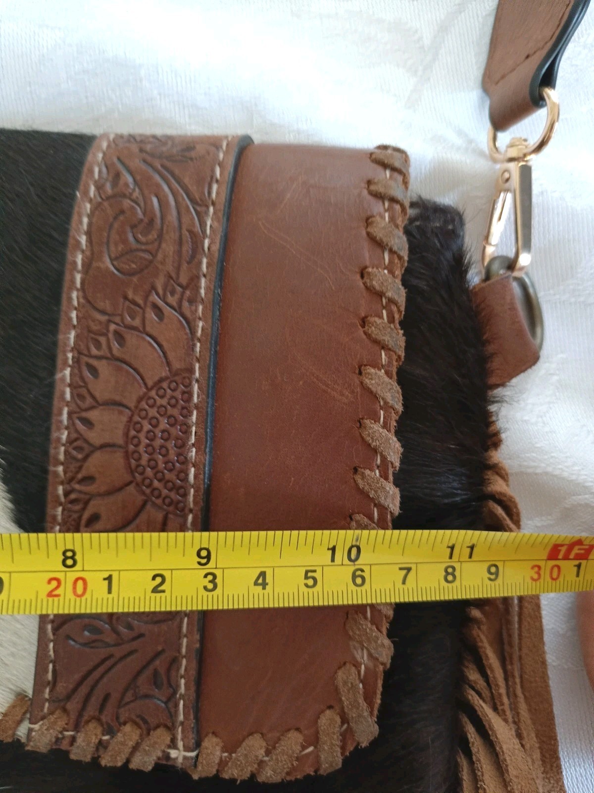 Myra Bag Cowhide & Hand Tooled Leather Crossbody Western Fringe Adjustable Strap