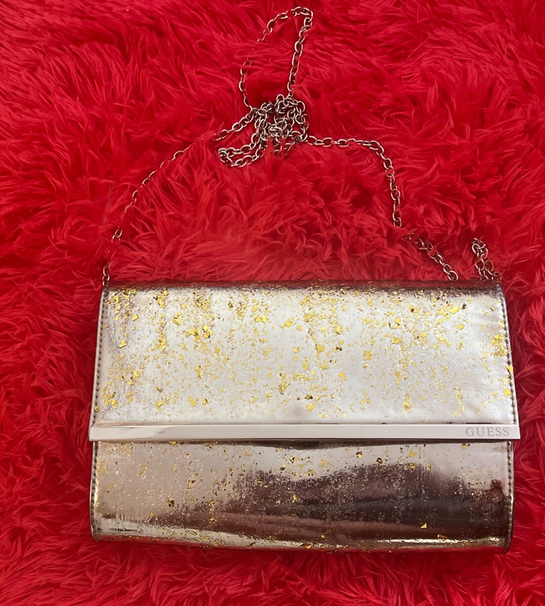 Gold GUESS Metallic Shiny Glittery Envelope Evening Purse 10.5 in L X 7 in W