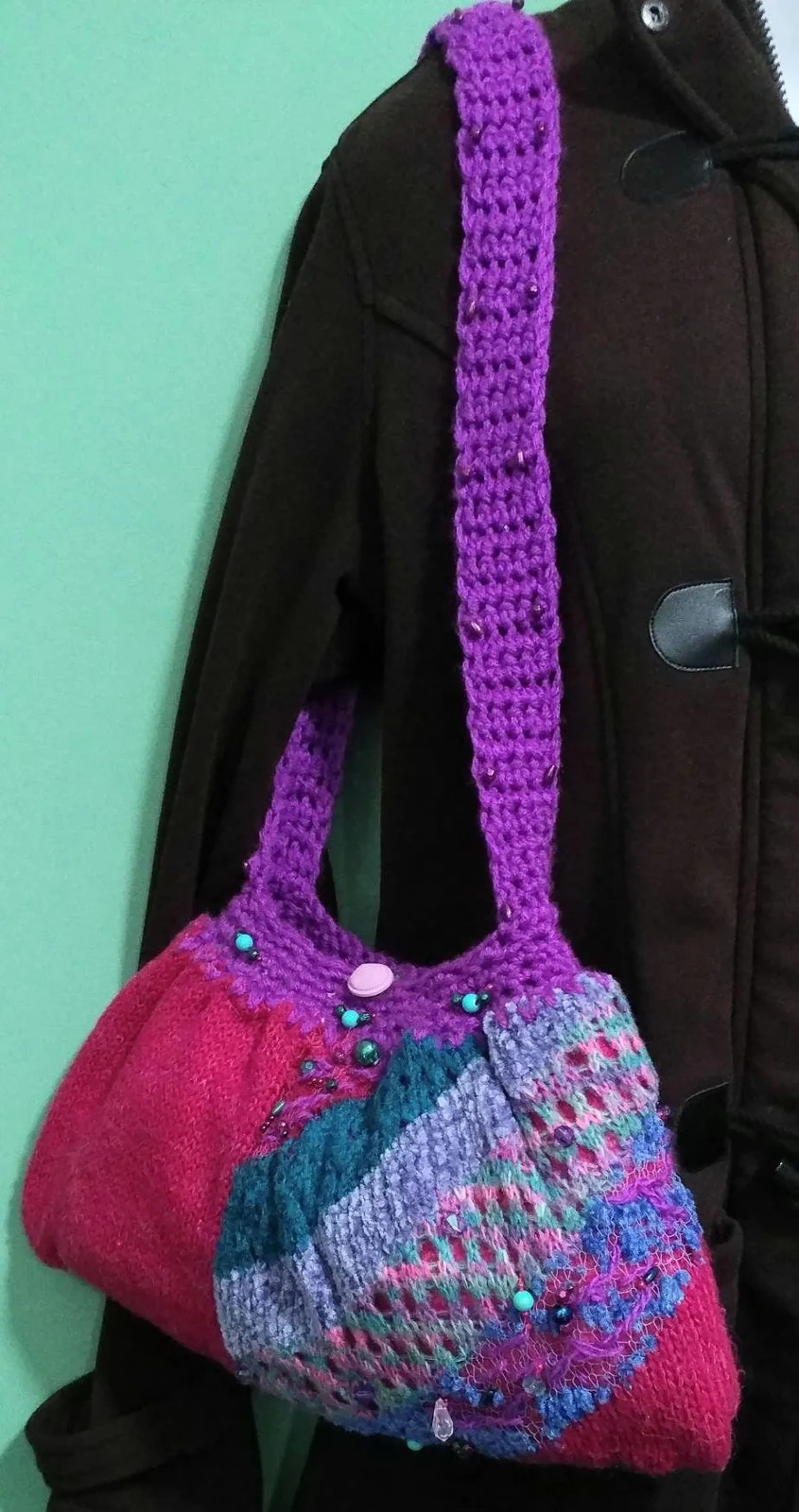 Unique Upcycled Knit Sweater Crochet Strap Purse Colorful Eco Chic Shoulder Bag