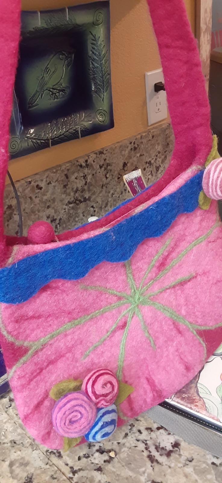 Felted Wool Bag, multicolor with felted flowers