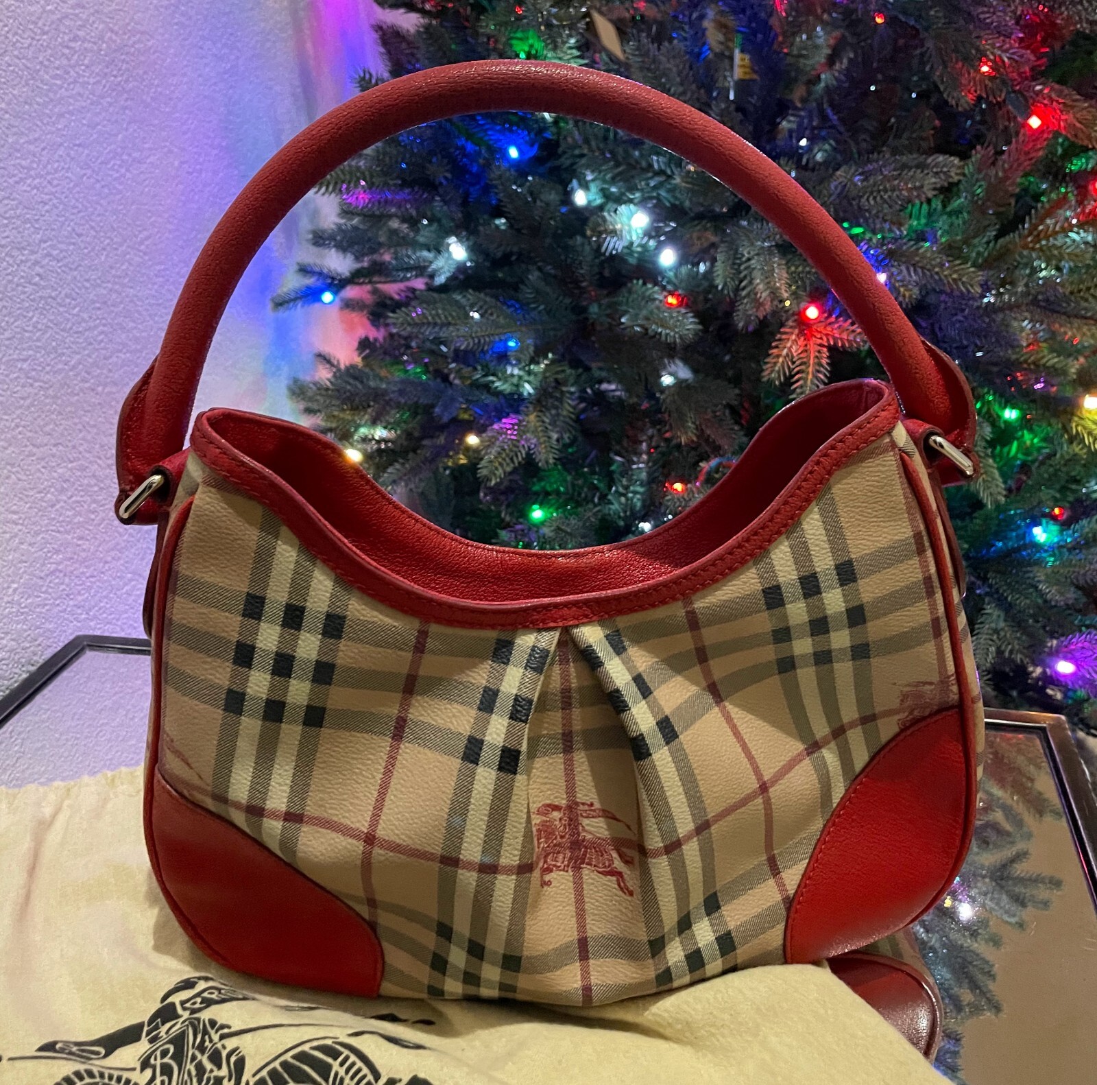 Burberry Red/Beige Haymarket Check PVC and Leather Hobo Bag