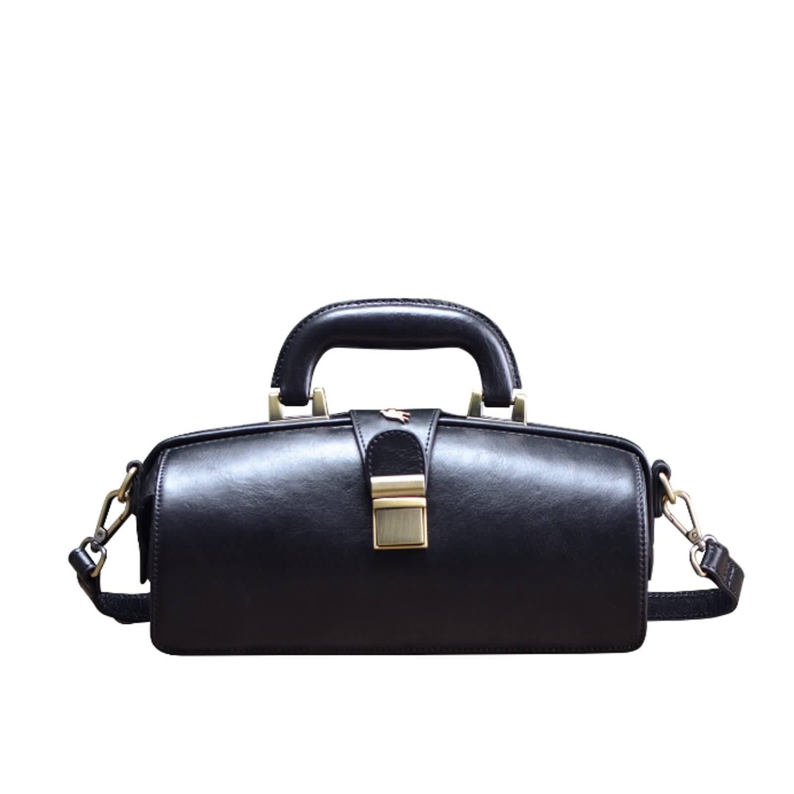 Erivis Coffee Women Genuine Leather Doctor Handbag with Brass Buckles