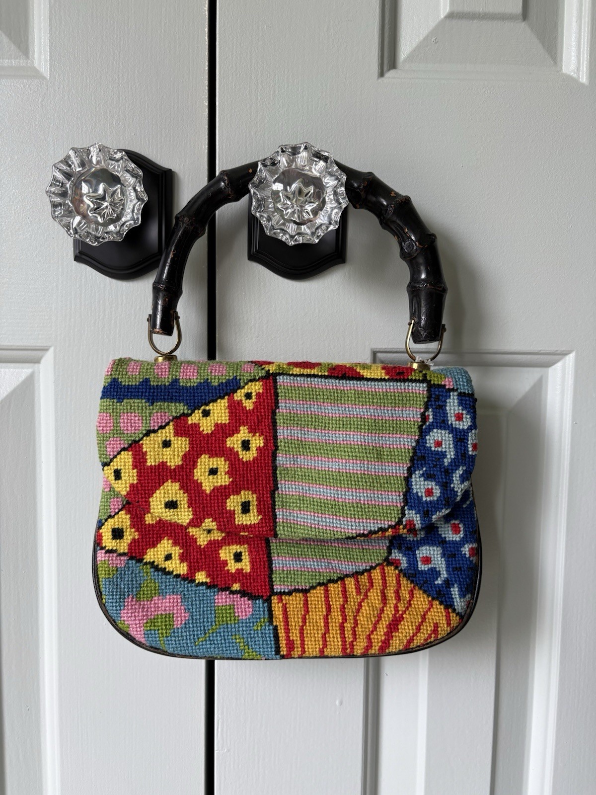 Vintage 1960s Floral Needlepoint Patchwork Bamboo Top Handle Carpet Bag Purse