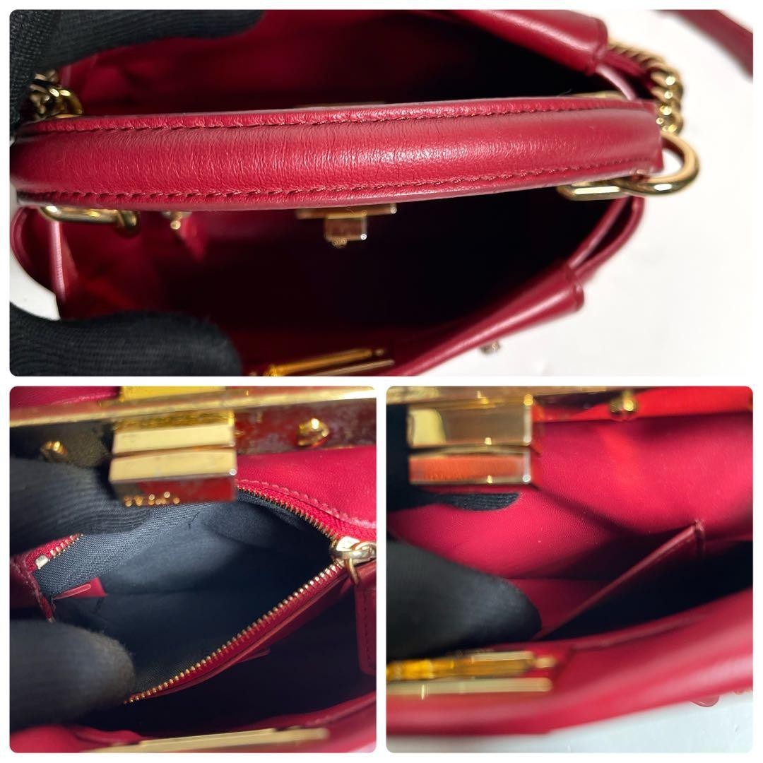 Fendi Peekaboo XS 2Way Handbag Red Leather Crystal Studs Gold Chain Shoulder Bag