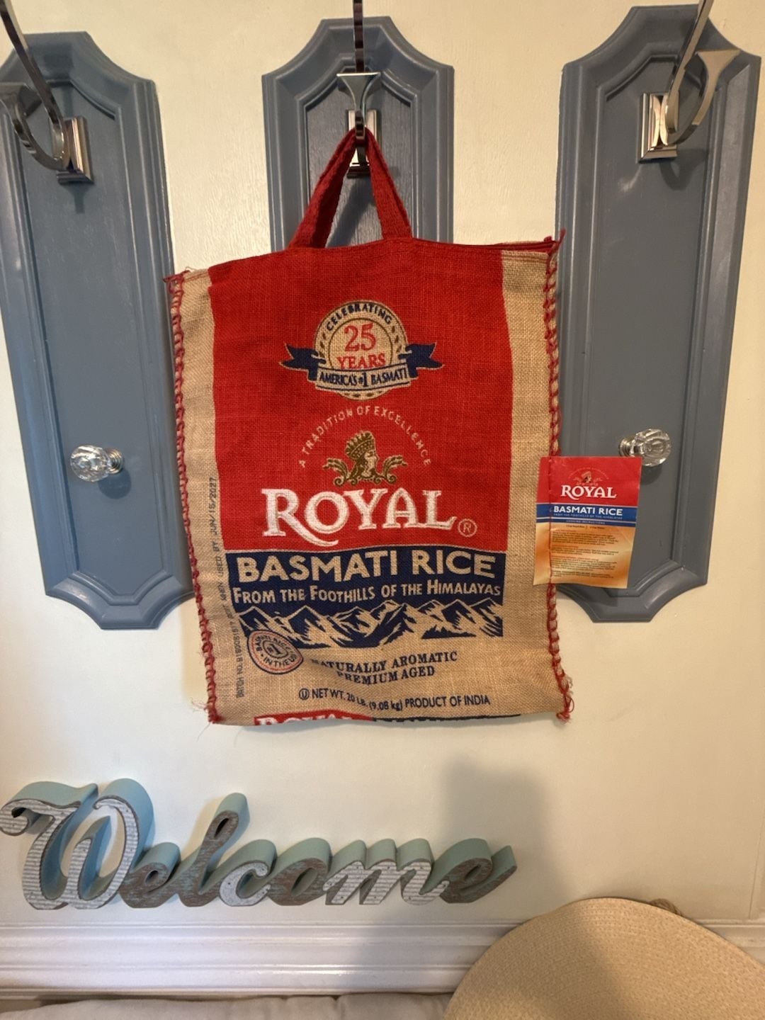 Royal Basmati Rice Upcycled Burlap Tote Bag with Zipper and Handles