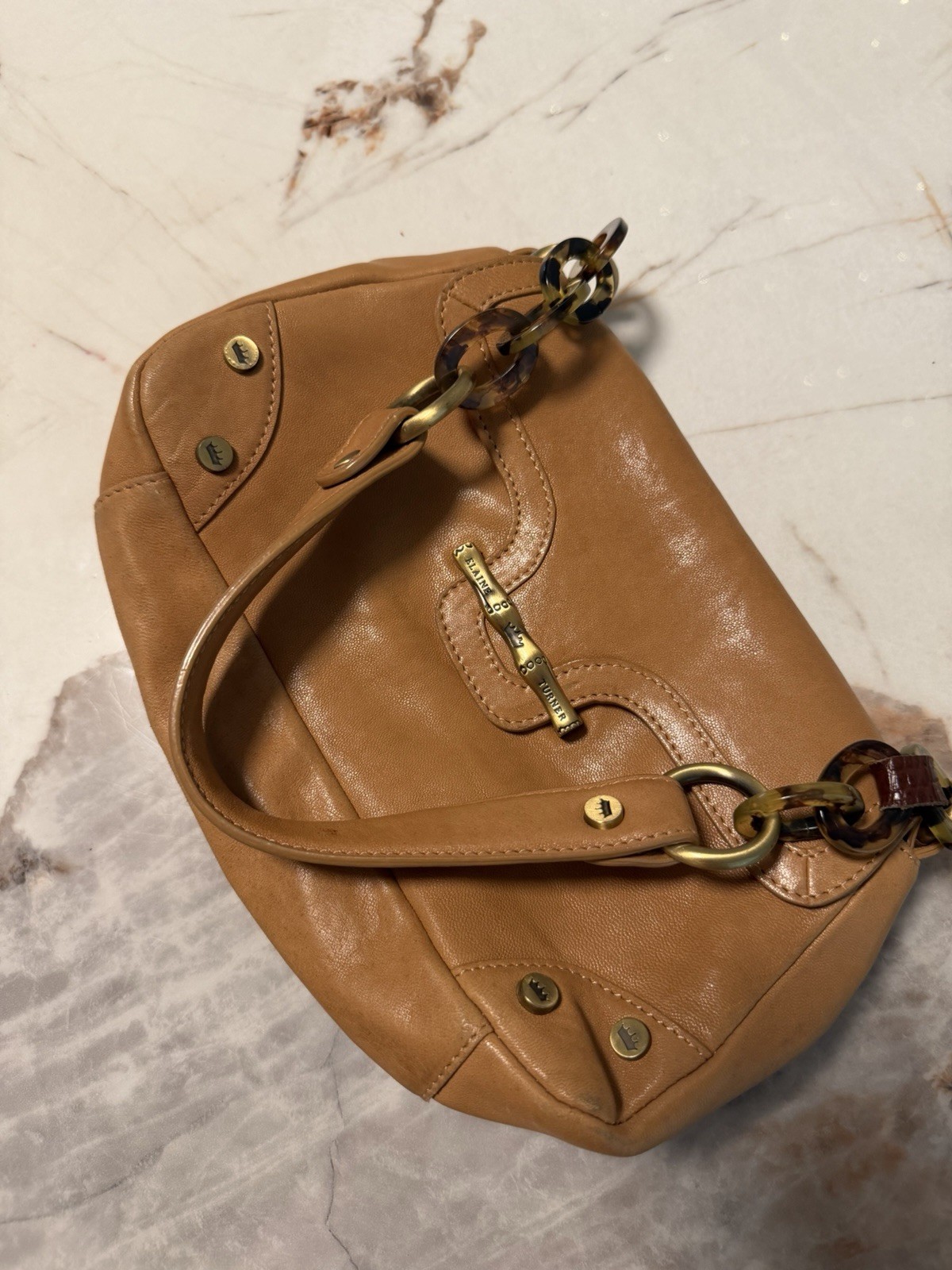 Elaine Turner Brown Leather Shoulder Bag Tortoise Chain Gold Hardware