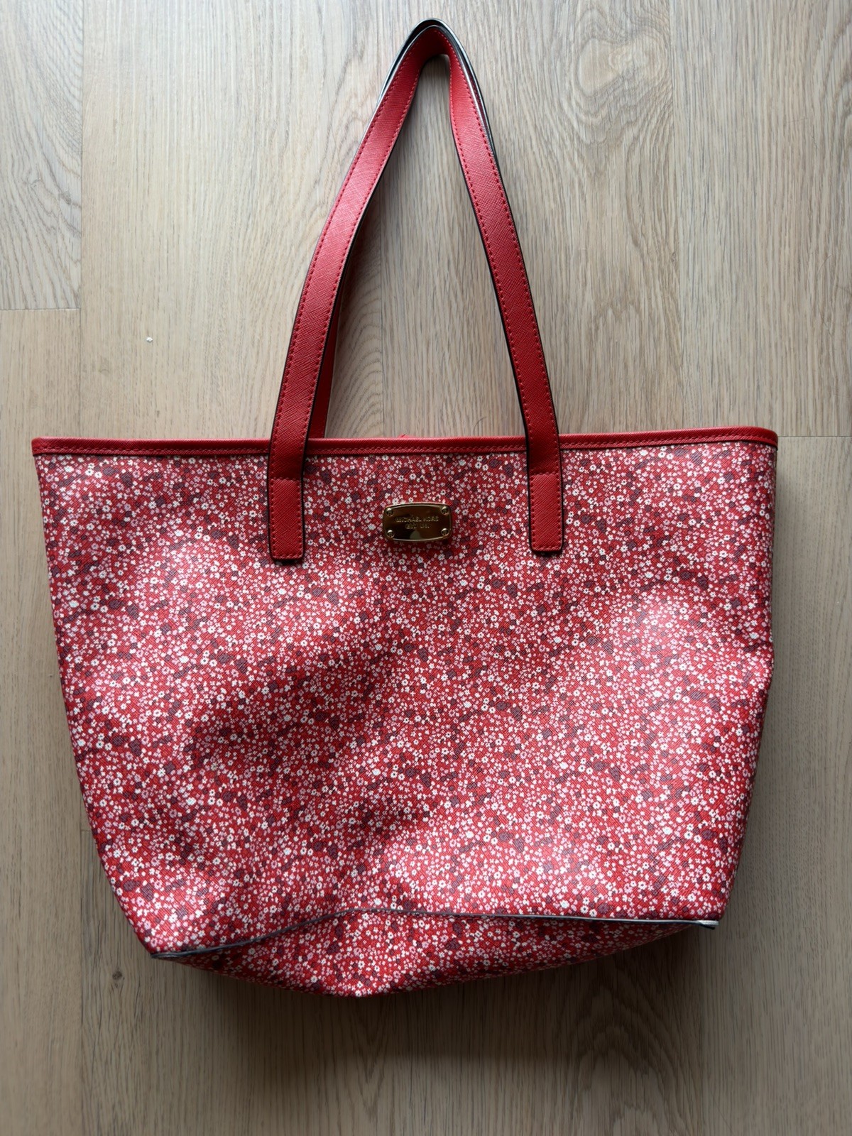 Michael Kors JET SET Floral MK Travel Tote Bag DK Sangria Red Leather