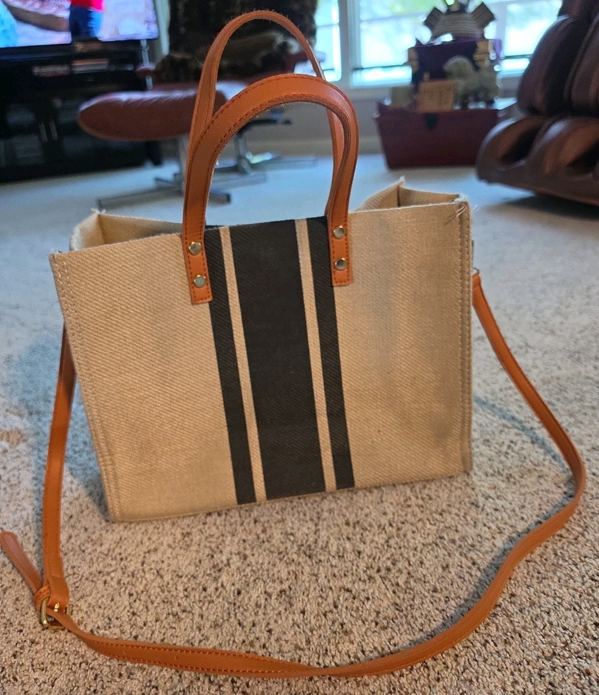 Crossbody Shoulder Bag Tote Purse Large Beige Black Stripe Canvas Brown Straps