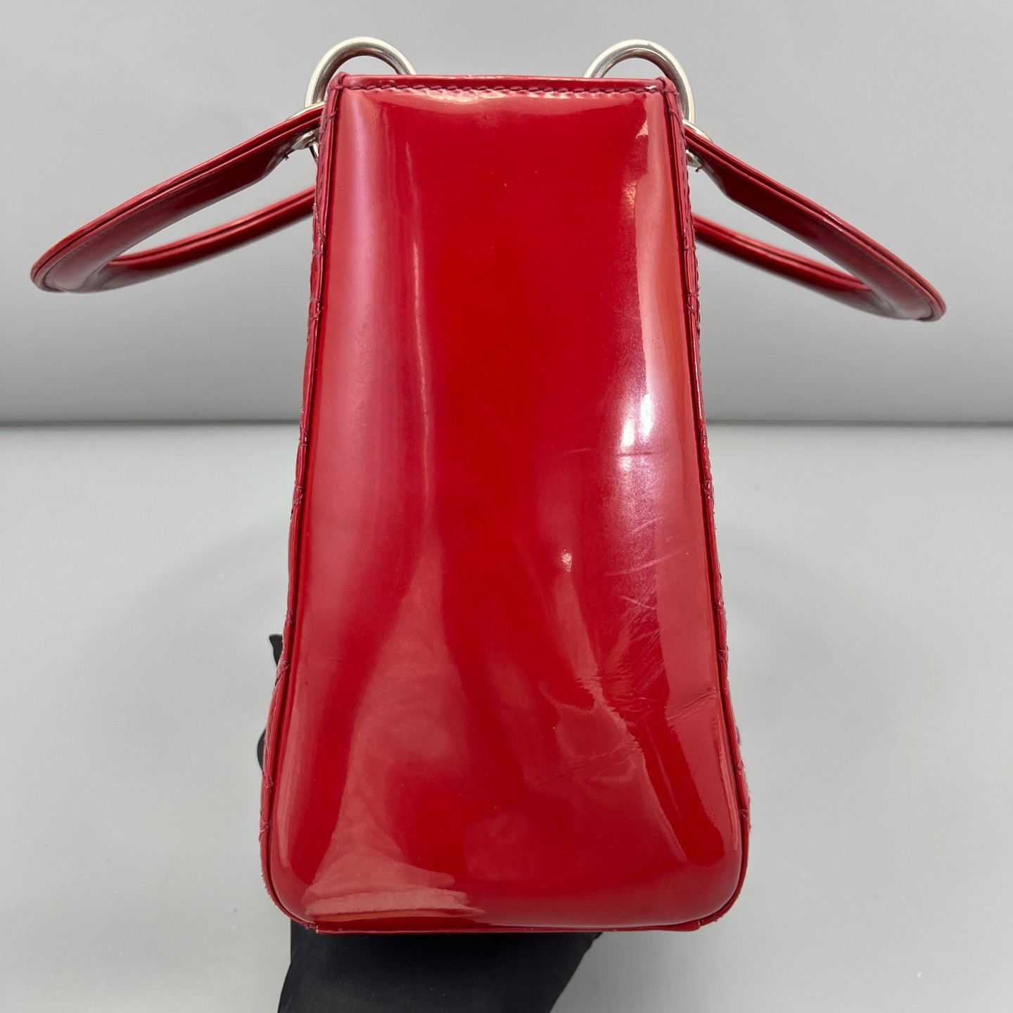 AUTH DIOR Lady Dior Medium Red Patent Leather Top Handle Bag.