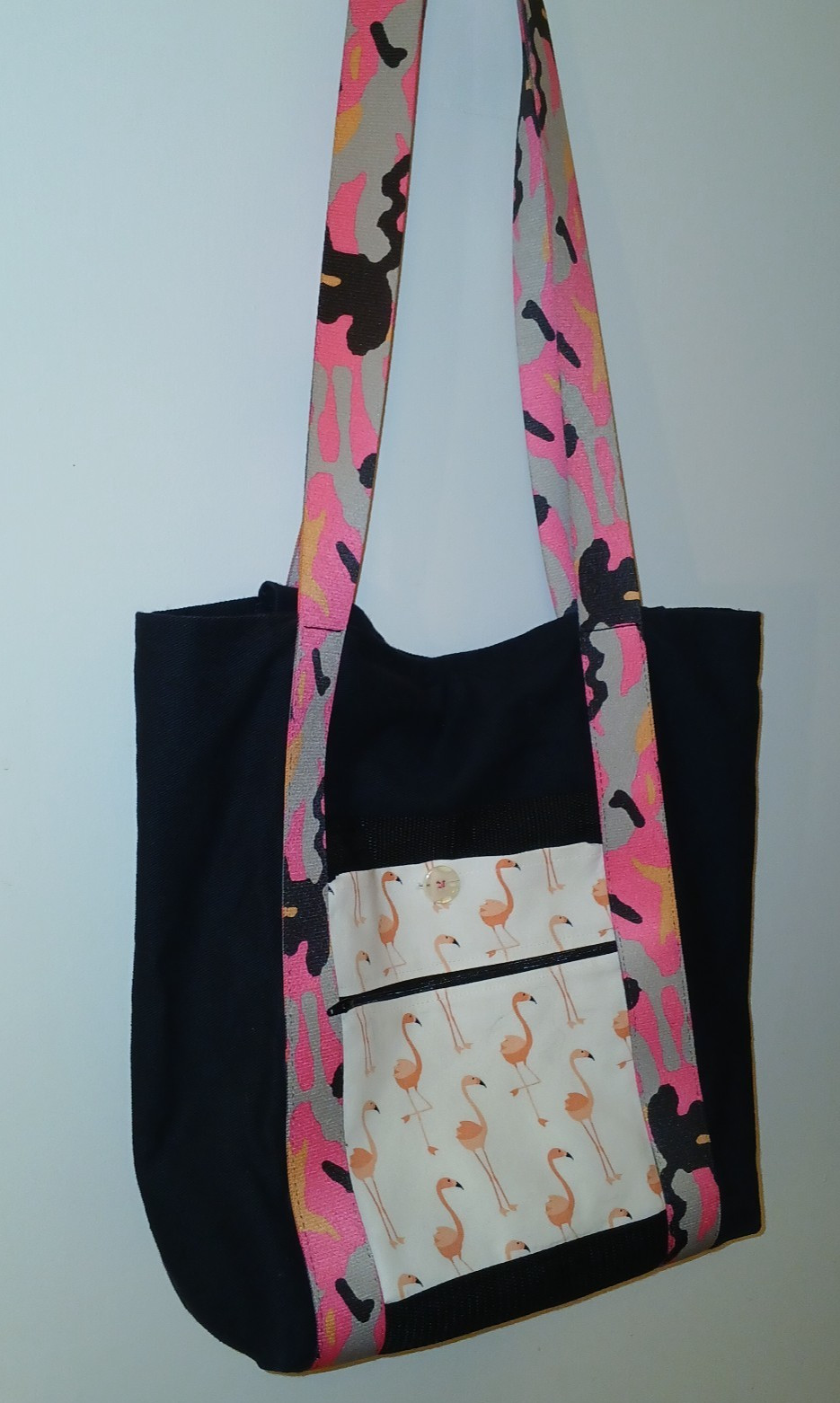 Black Denim tote bag Flamingo design handmade