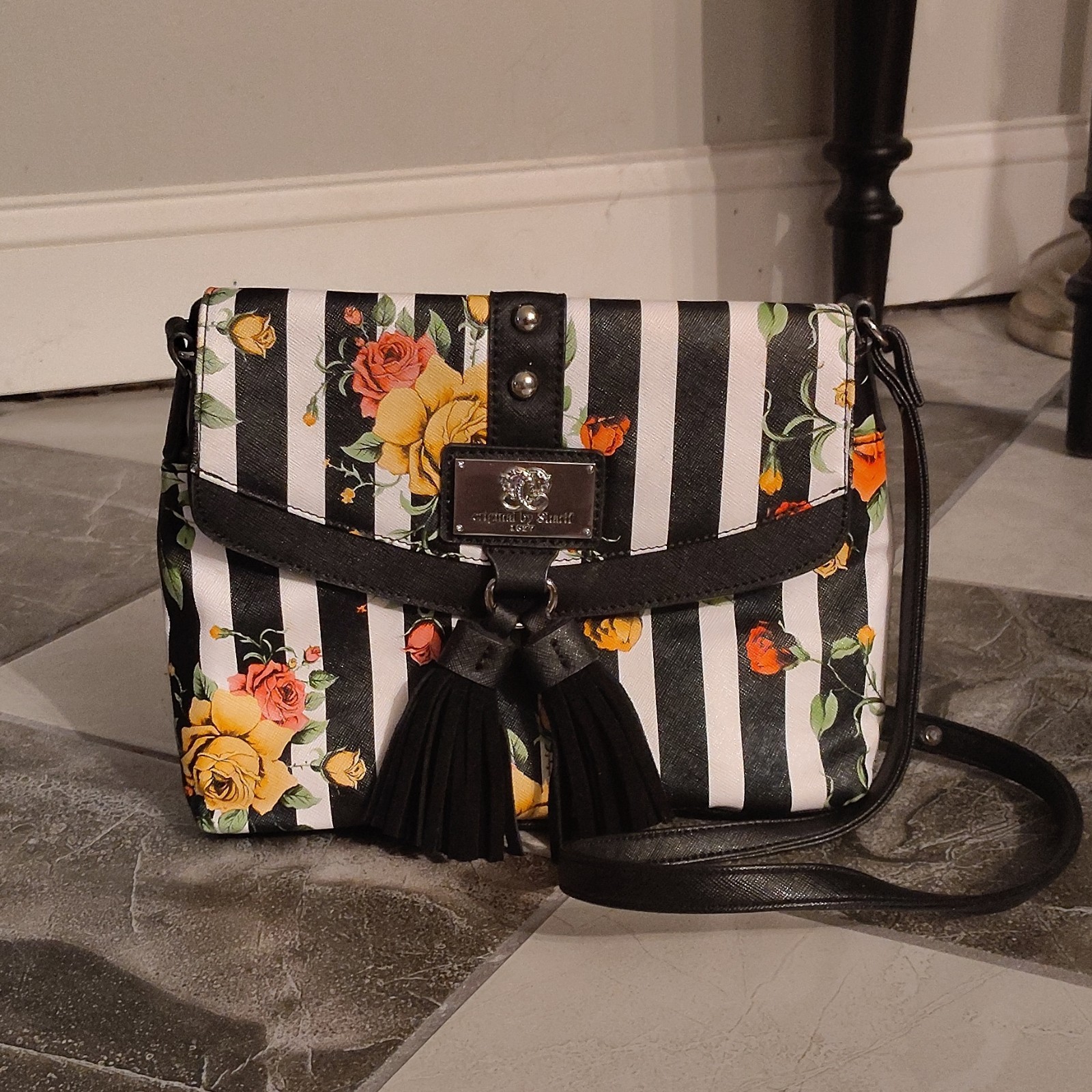 Sharif Black & White Stripe Floral Crossbody Zip Magnetic Tassel Silver Detach