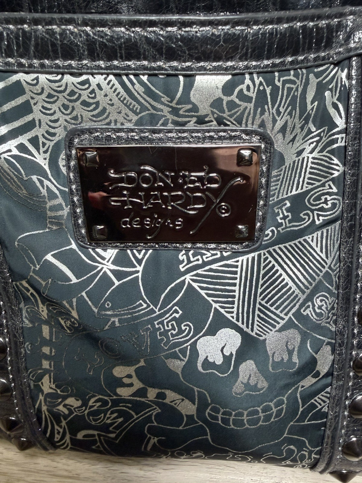 Ed Hardy Black Skull & Logo Embossed Satchel Bag Biker~Y2K~ Skulls
