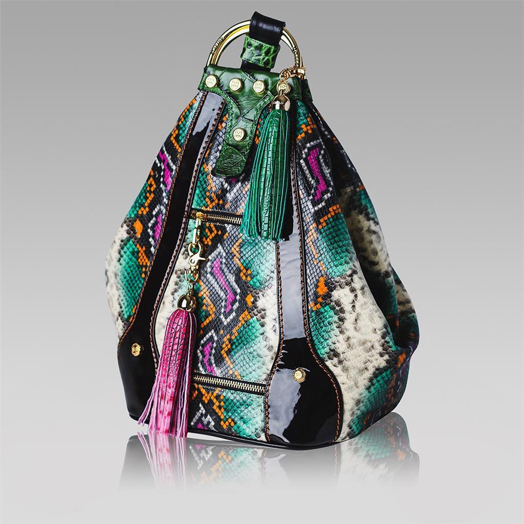 Marino Orlandi Designer Bucket Purse Backpack Emerald Tote Python Leather Bag