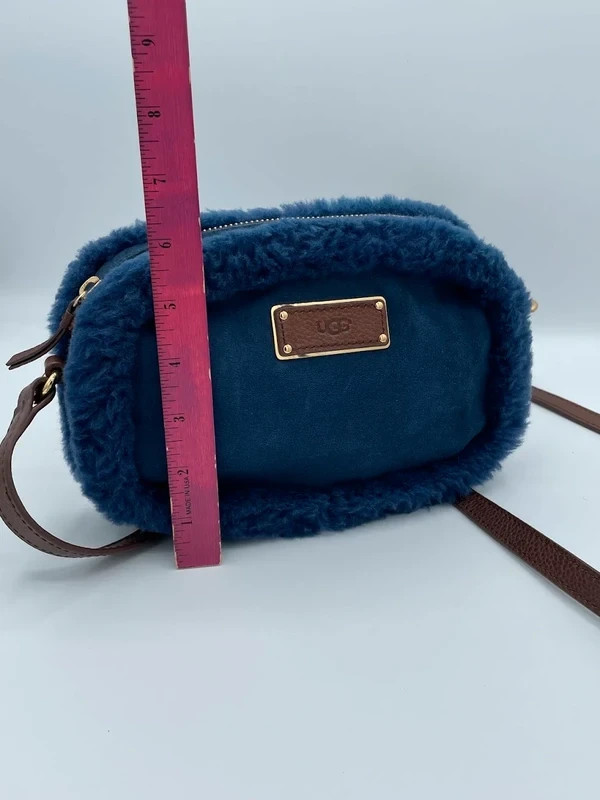 UGG Navy Blue Suede Shearling Crossbody Bag Brown Leather Gold Hardware
