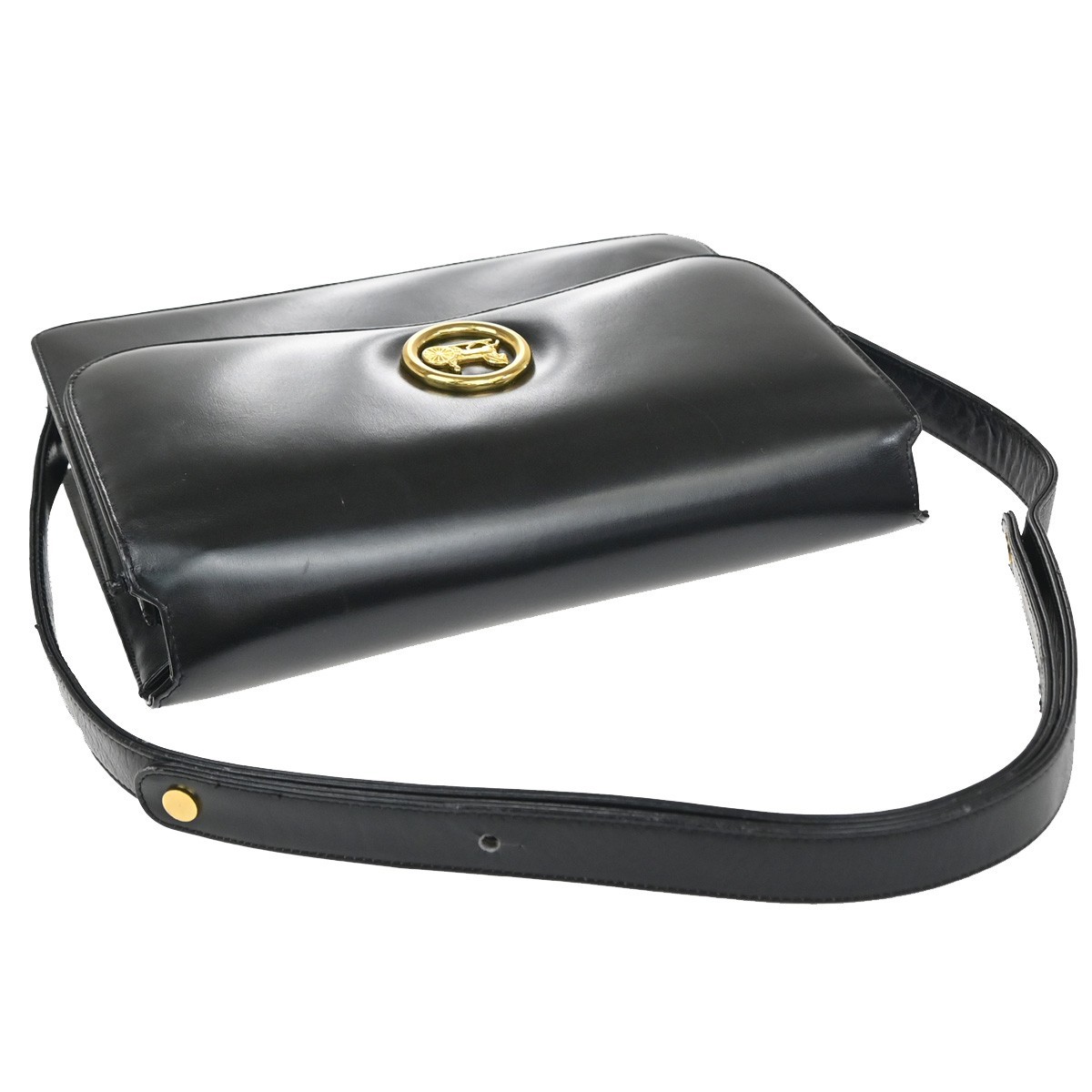CELINE PARIS Logo Horse Carriage Shoulder Bag Leather Black Gold Italy 38KP606
