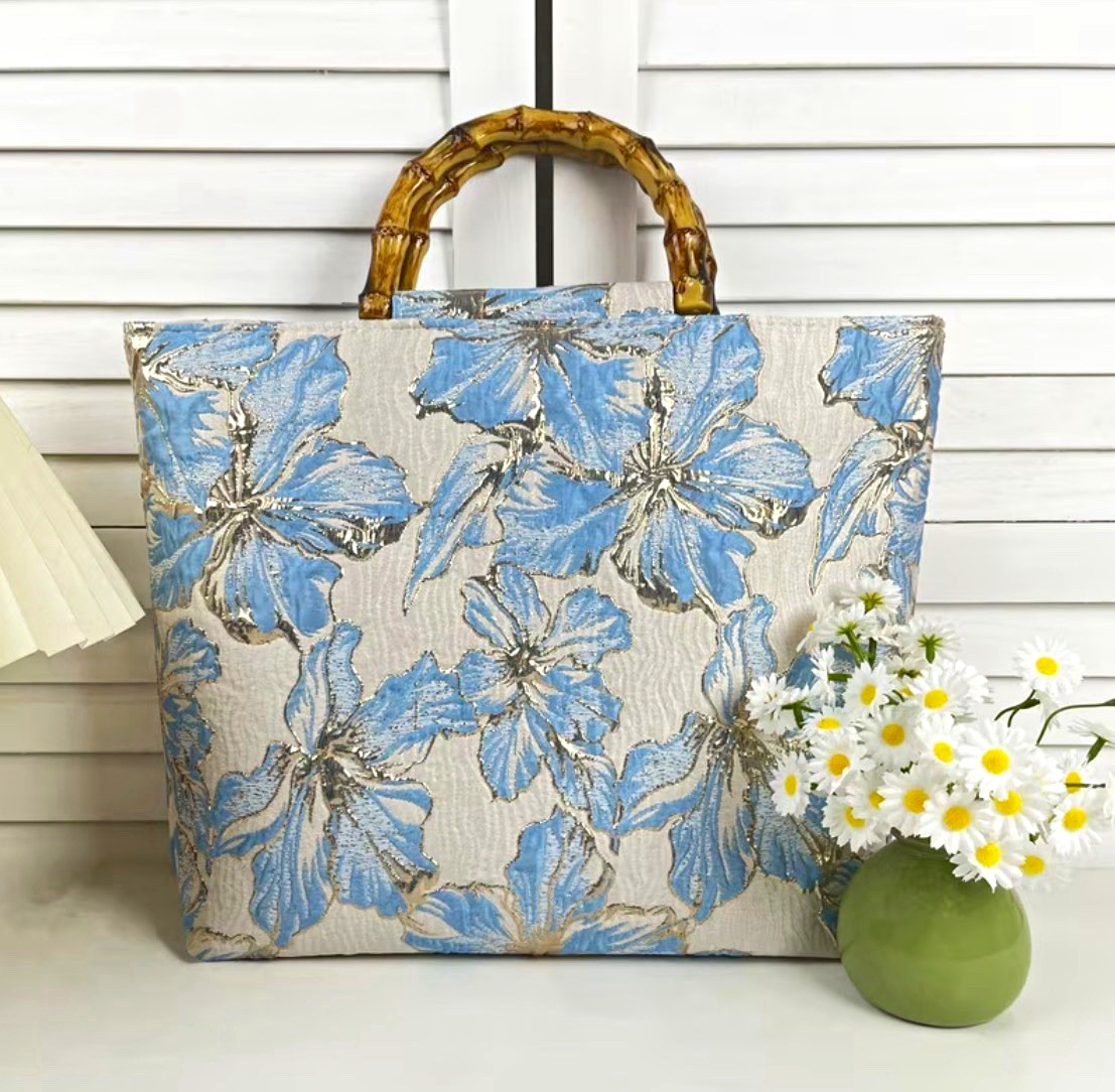 Blue/Beige Floral Large Tote Top Handle Bag w/ Bamboo-Style Handle, Zip