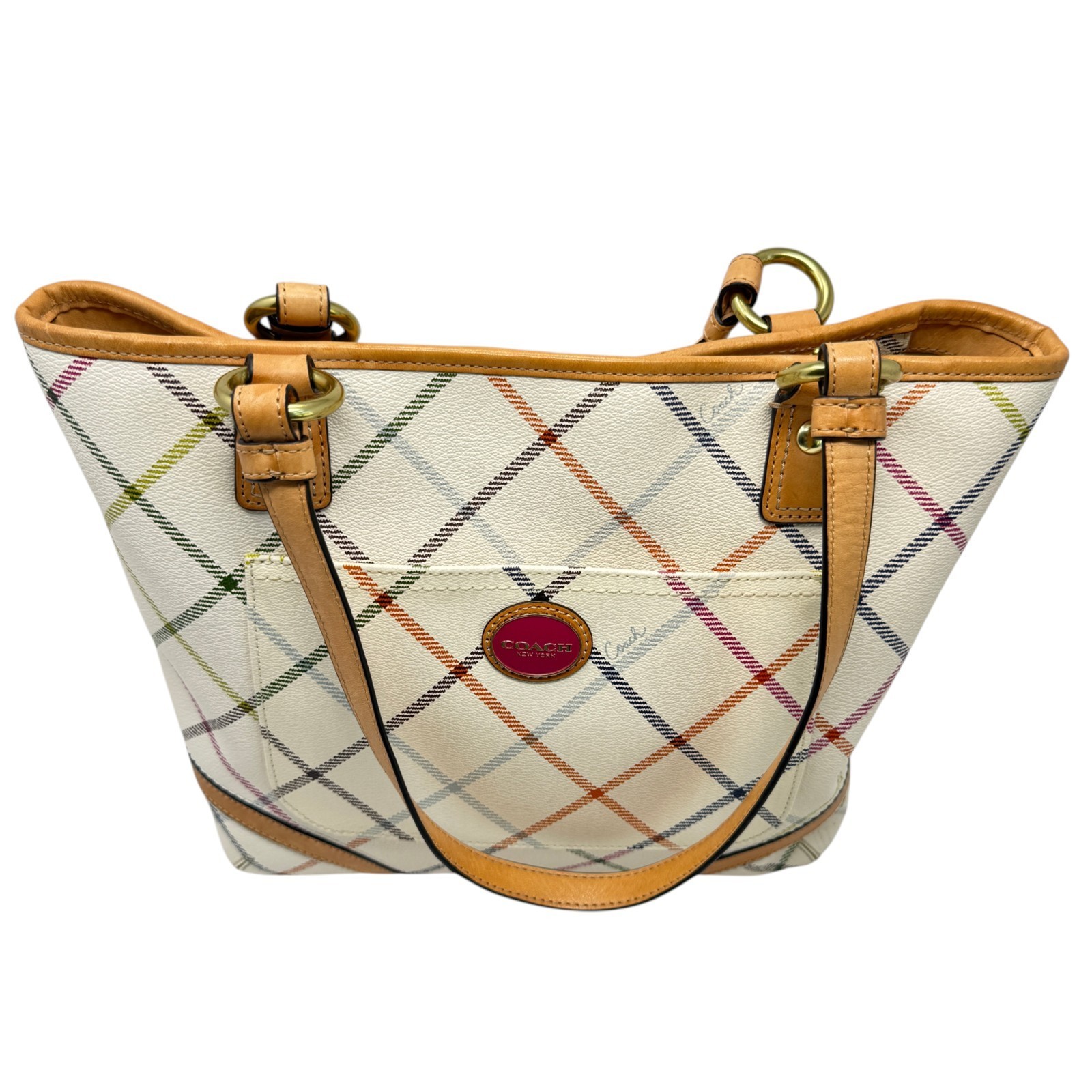 Coach Peyton Multi-Color Tattersall Plaid Coated Canvas with leather trim 14×10