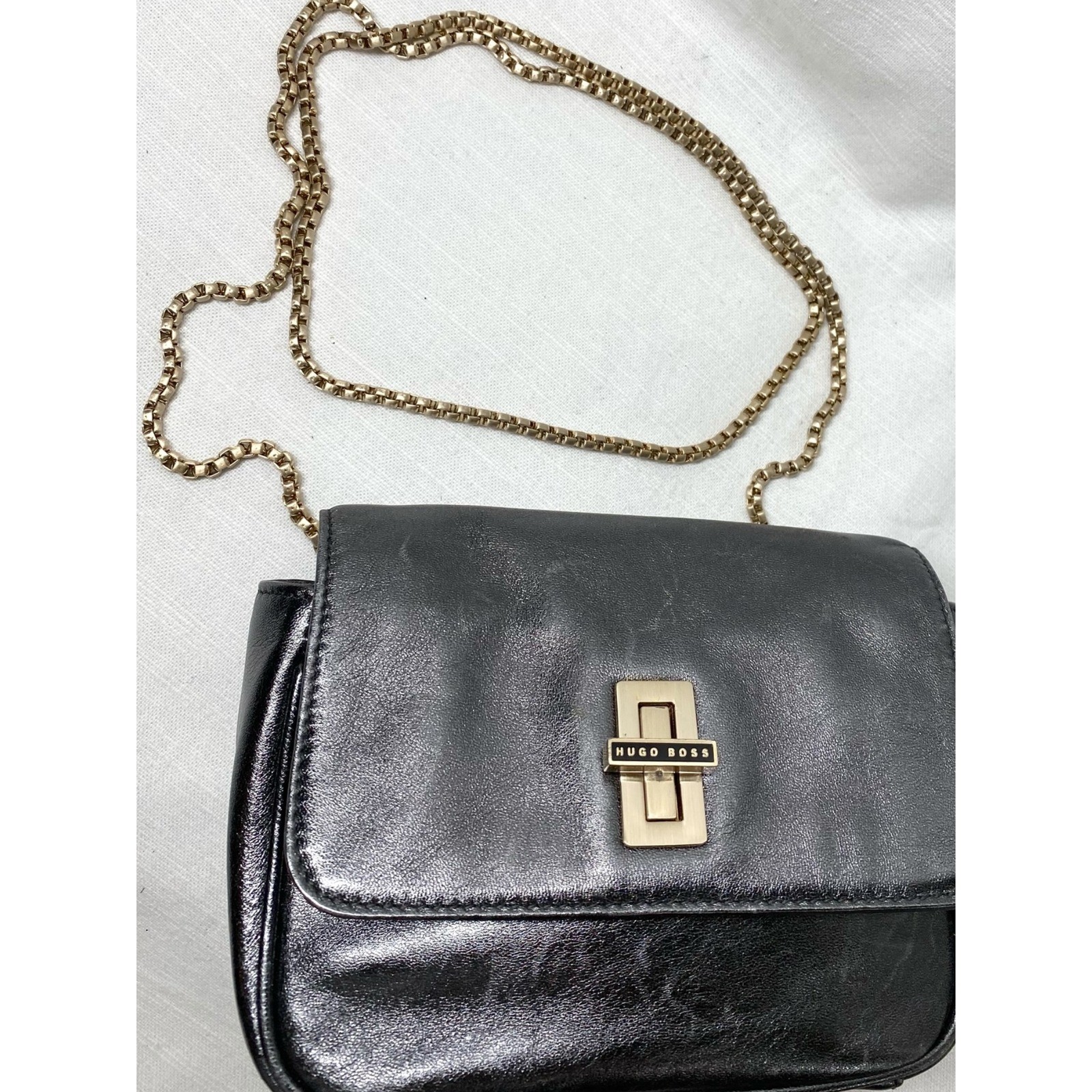 Hugo Boss Metallic Pewter Mini Shoulder Bag Crossbody Chain Strap Minimalist