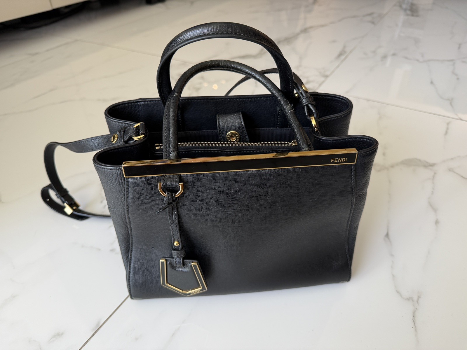 FENDI 2JOURS Hand Bag Leather 2way Black Leather / Gold
