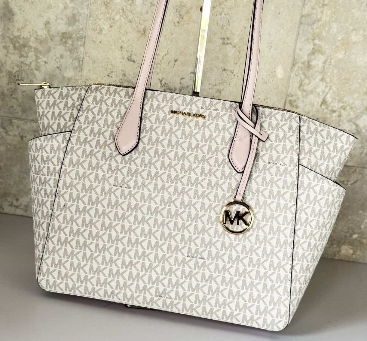Michael Kors Marilyn Medium Top Zip Shoulder Tote Bag MK Vanilla/Pink