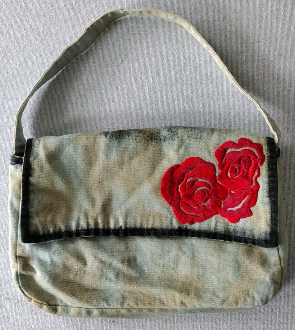 Topsy Turvy Purse Red Rose Embroidery Lightweight Jean/ Tea Stained Velvet Lined