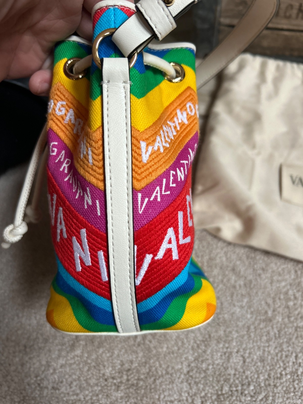$1750 VALENTINO “Escape” VLogo Mini canvas bucket bag – Chevron24 Rainbow print
