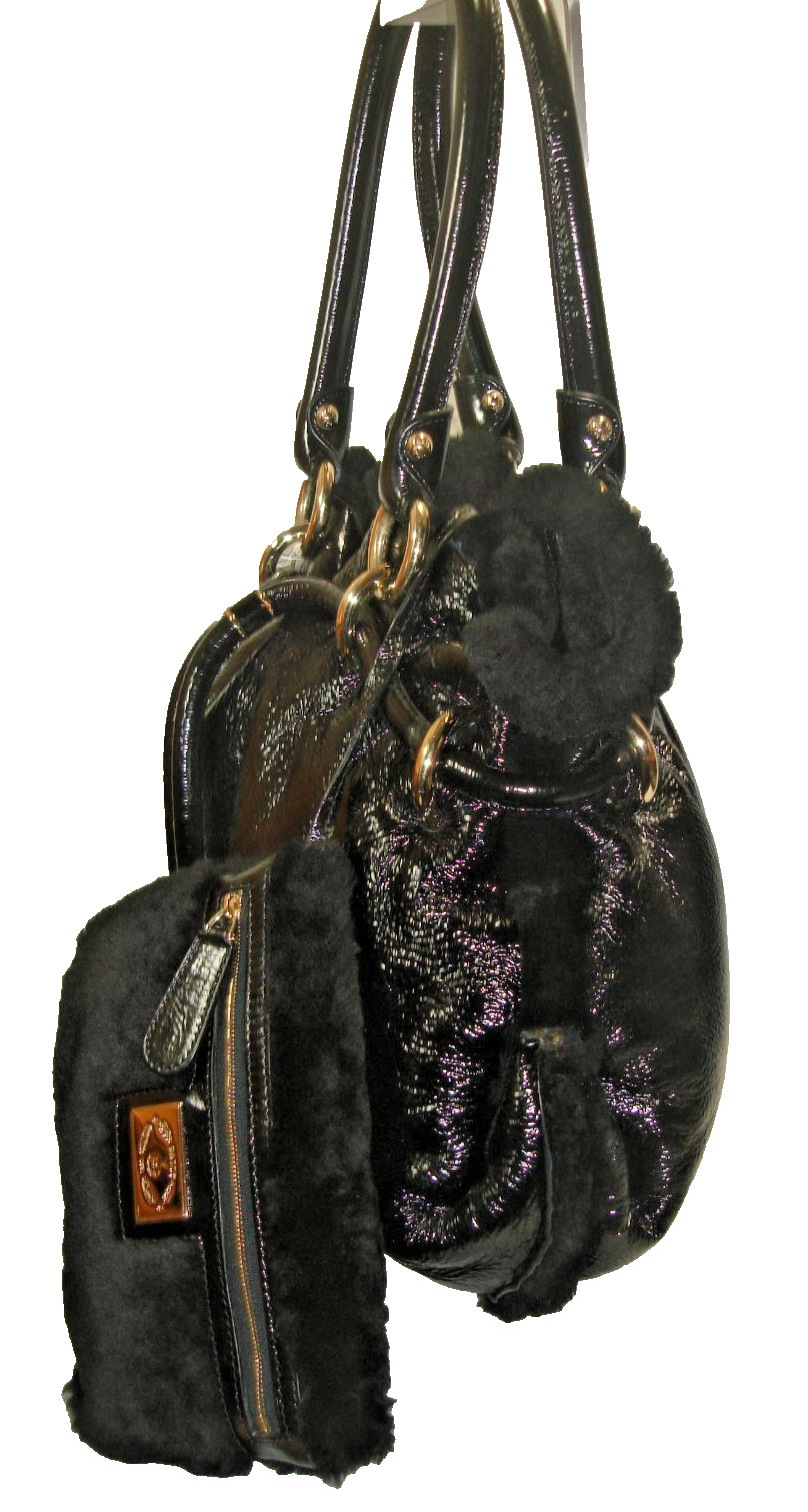 Bally Black Crinkle Patent Leather + Shearling Trim & Wristlet Shoulder Bag MINT