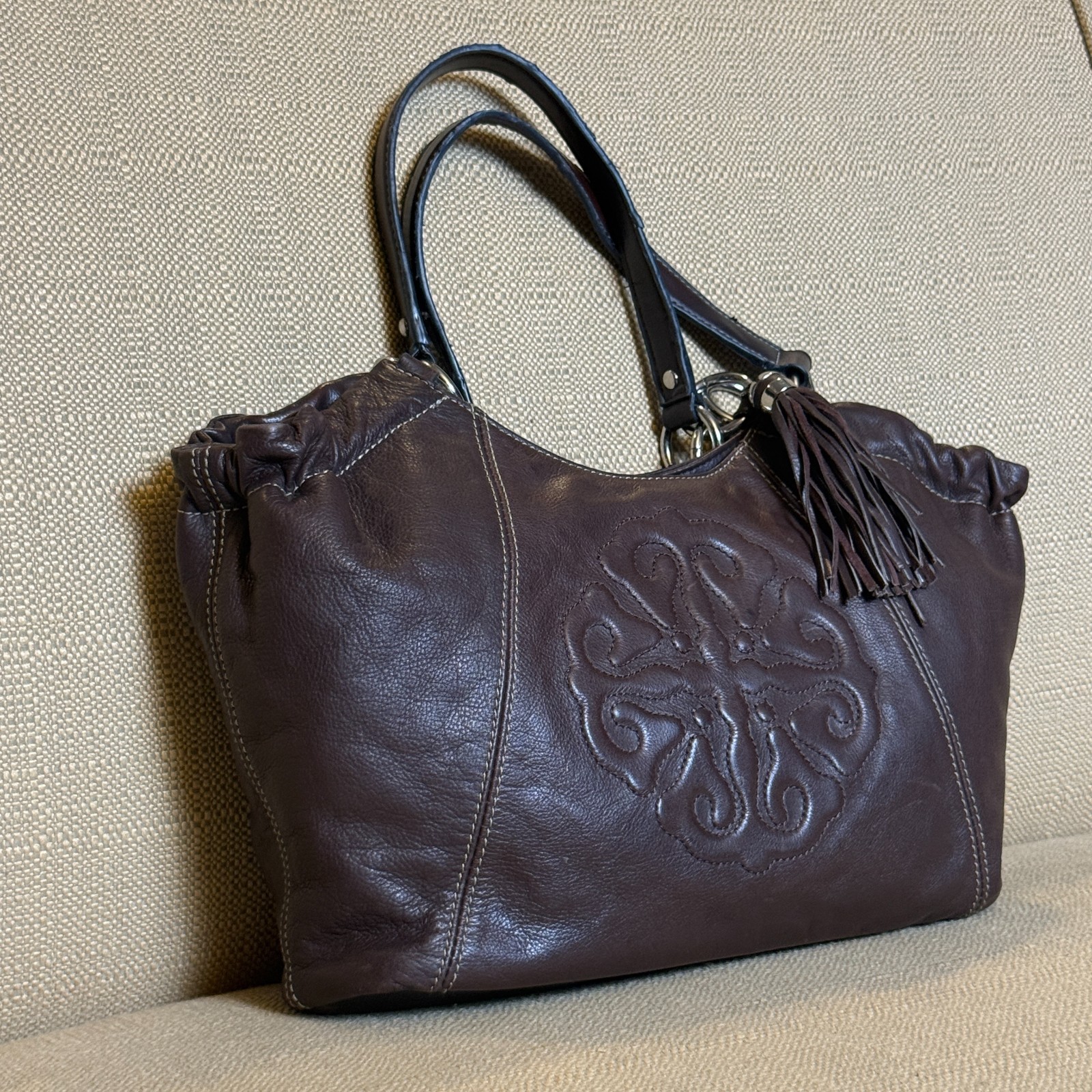 Solina Brown Genuine Leather Hobo Shoulder Bag Satchel Embossed Scroll Emblem