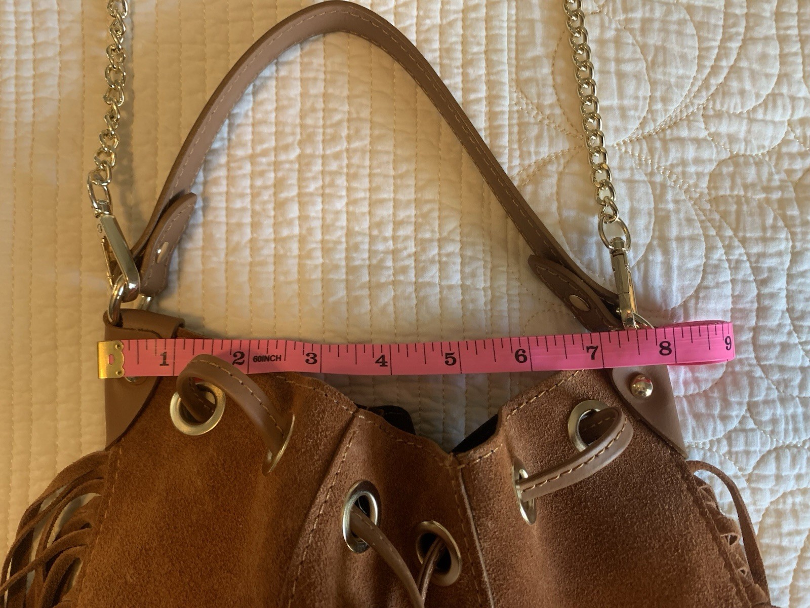 ANNA PAOLA Brown Fringe Drawstring Bucket Bag Chain Strap Bottom Studs