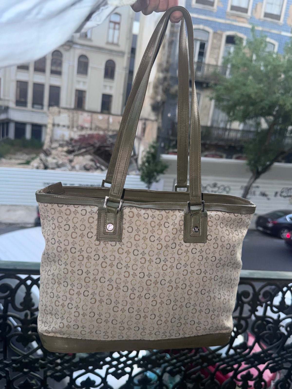CELINE Macadam Tote Leather Canvas C logo Y2K Handbag Shoulder Bag Green Beige