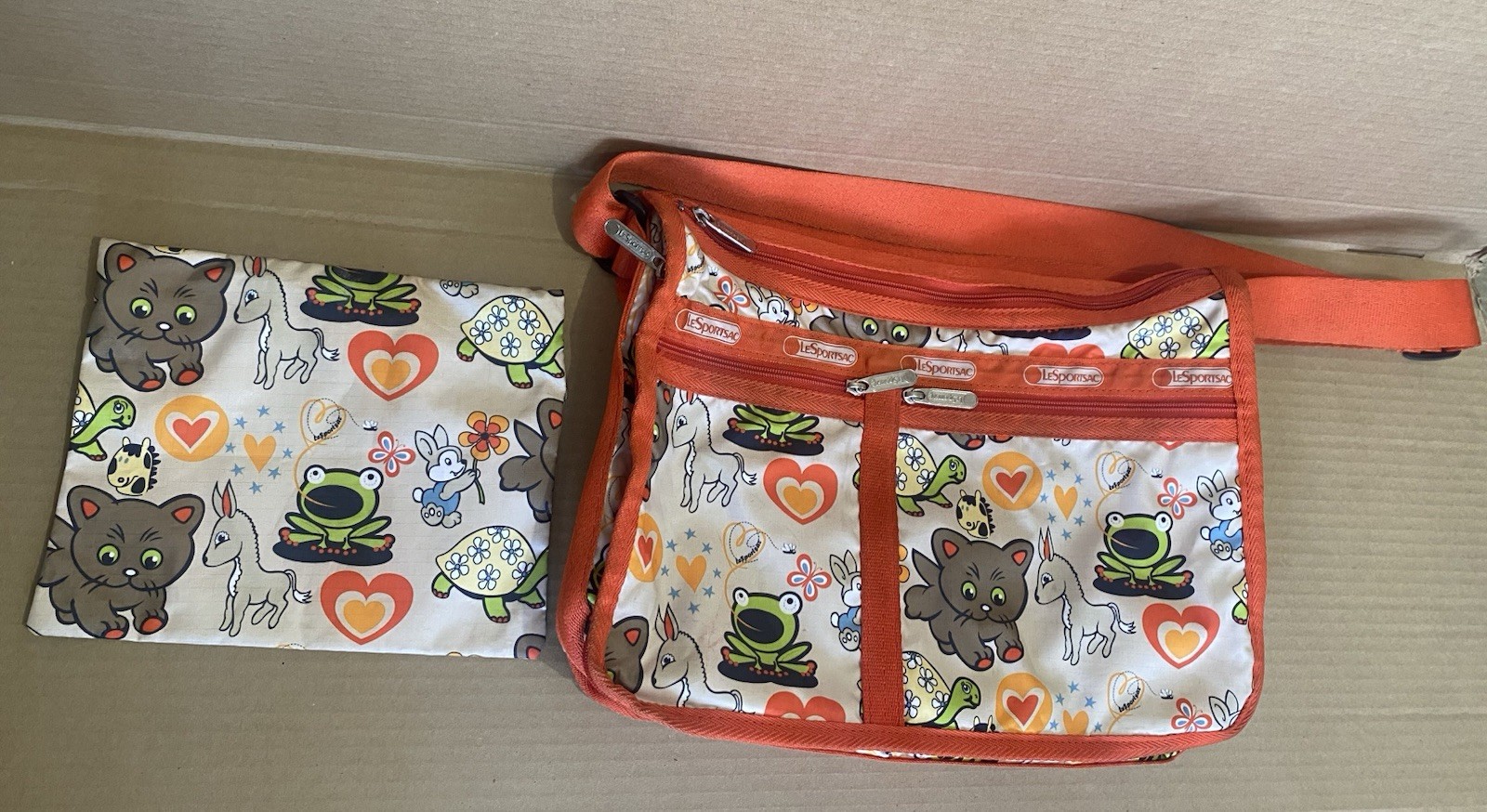 LeSportsac Animals Crossbody Shoulder Bag & Pouch Orange Frog Cat Deer Toons