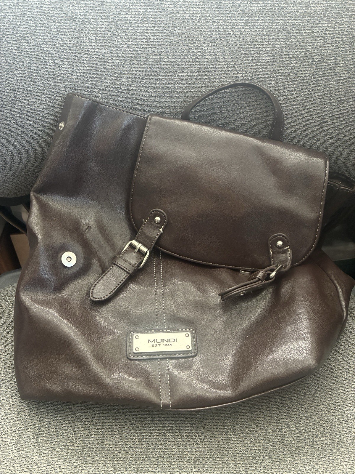 Mundi Brown Faux Leather Backpack Women Buckle Accent Zipper Metal Logo Plate