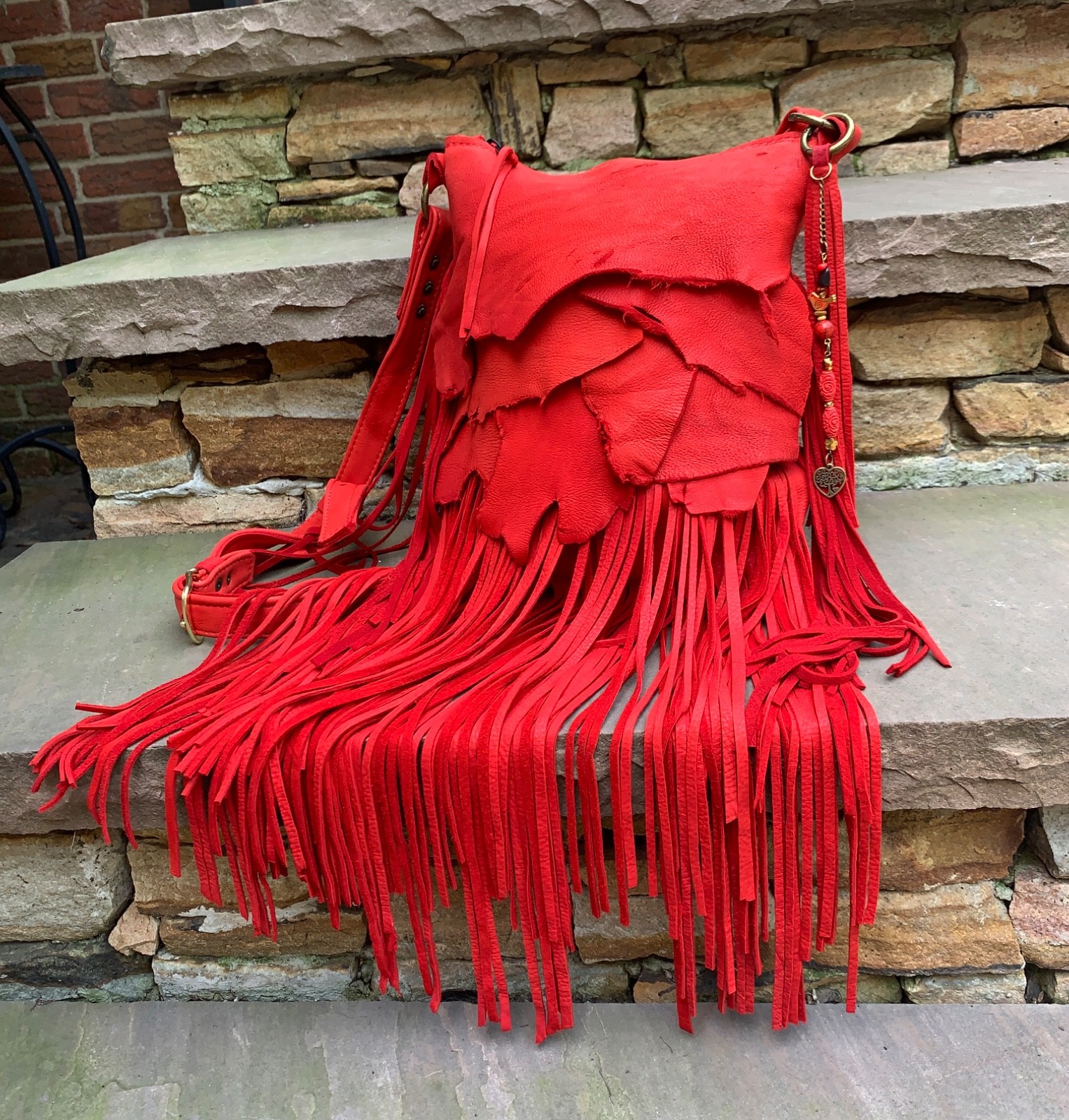 Soft RED Deerskin, beads, BOHO long fringe crossbody bag USA!