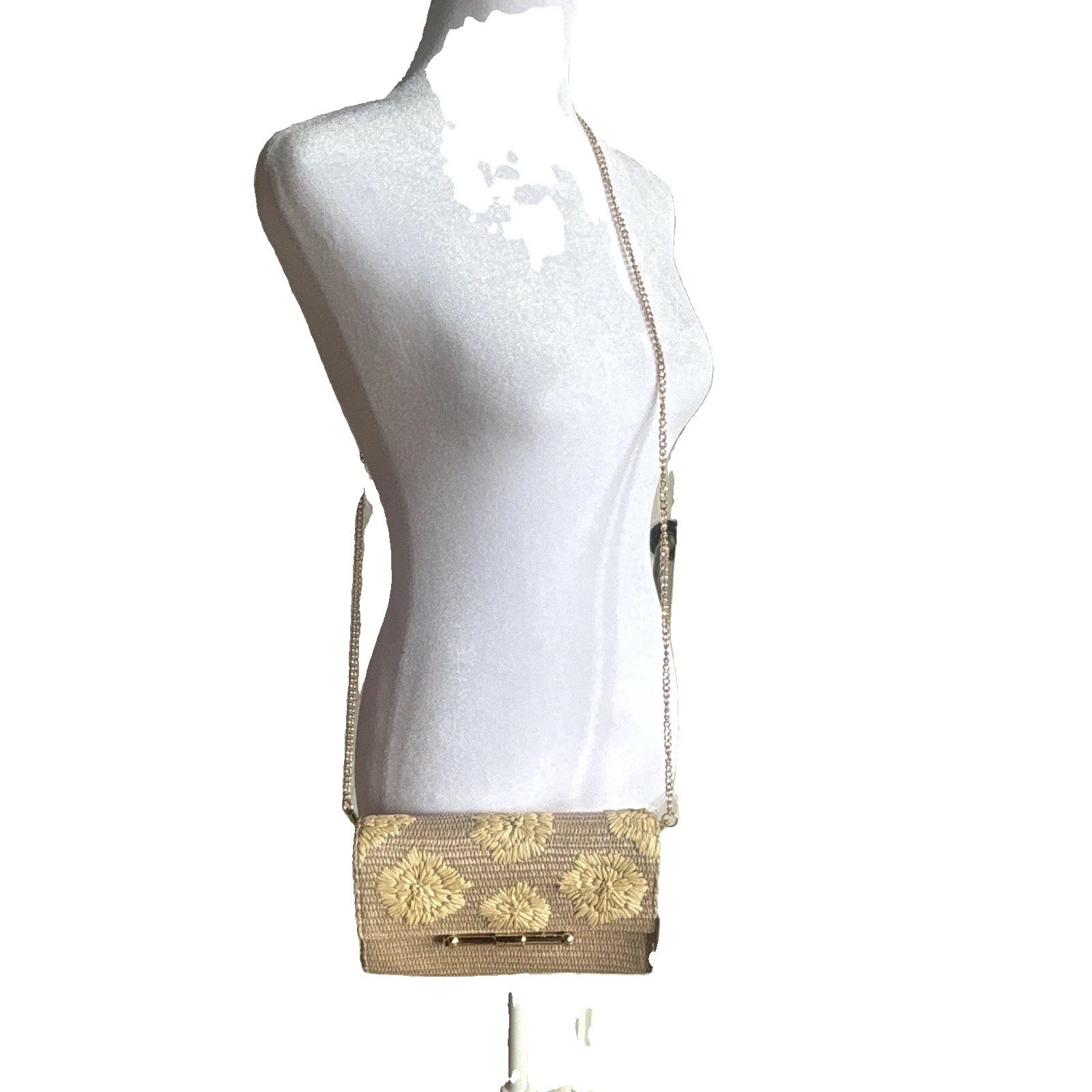 Ted Baker London Beige Woven Crossbody Bag, Floral Applique, Gold Chain Strap