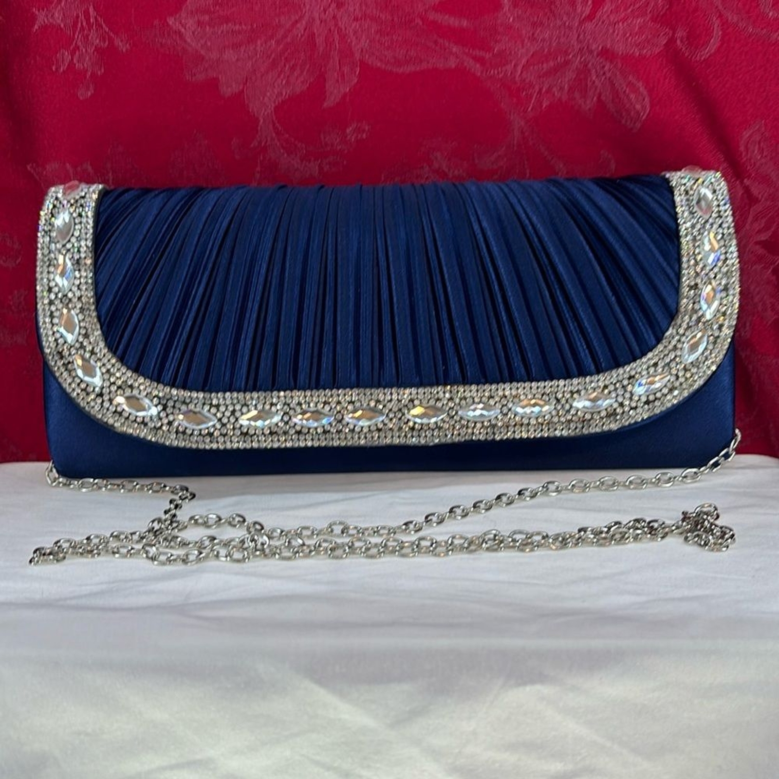 Lulu Townsend Clutch Pleated Blue Satin Rhinestone Women Chain