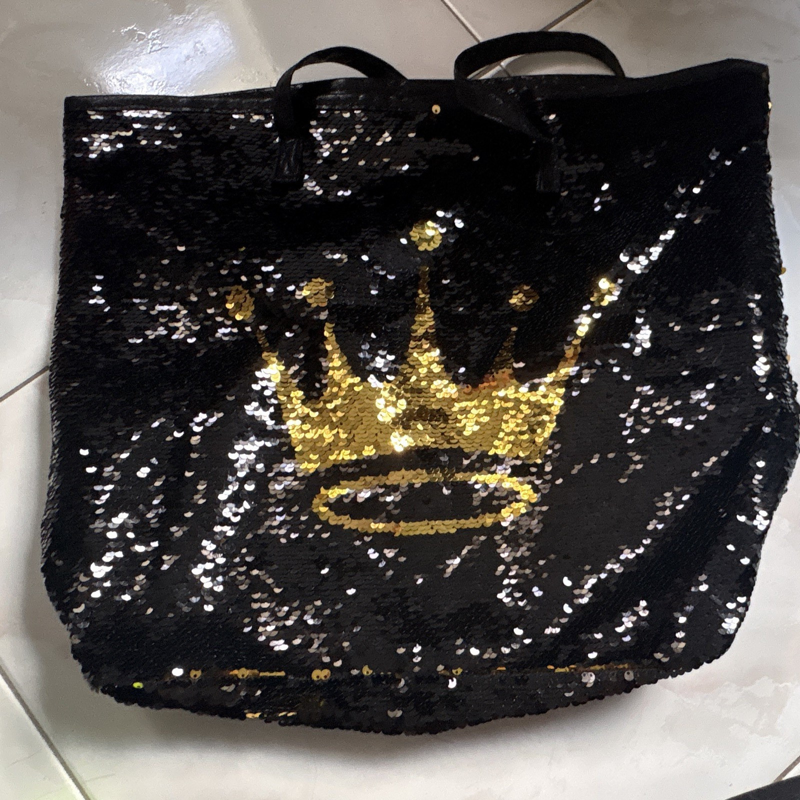 Black/Gold Reversible Sequin Tote Snap Closure Double Handles Lined Pockets