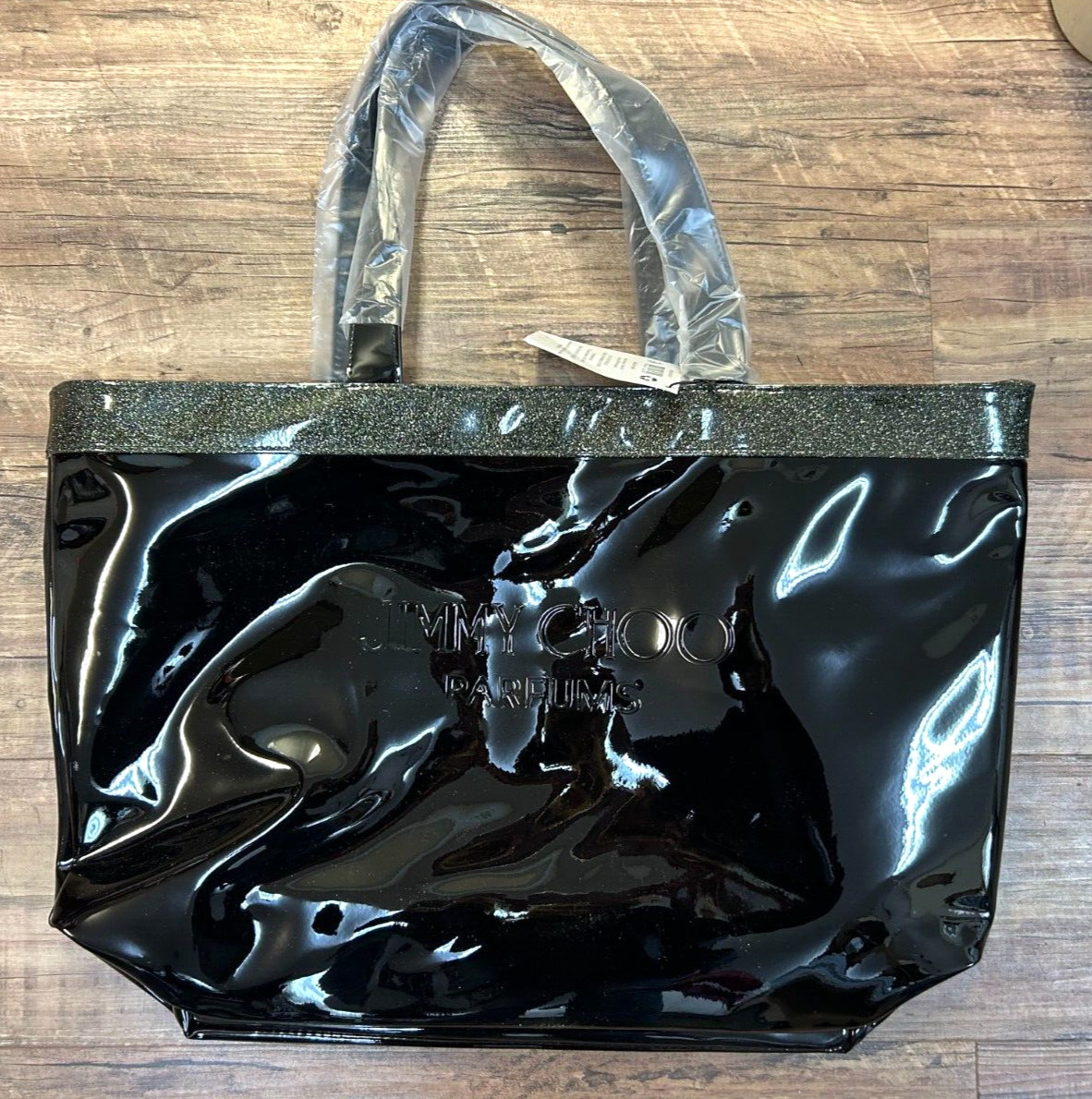 Jimmy Choo Parfums black patent Tote Shiny Shoulder Bag embossed Handbag New