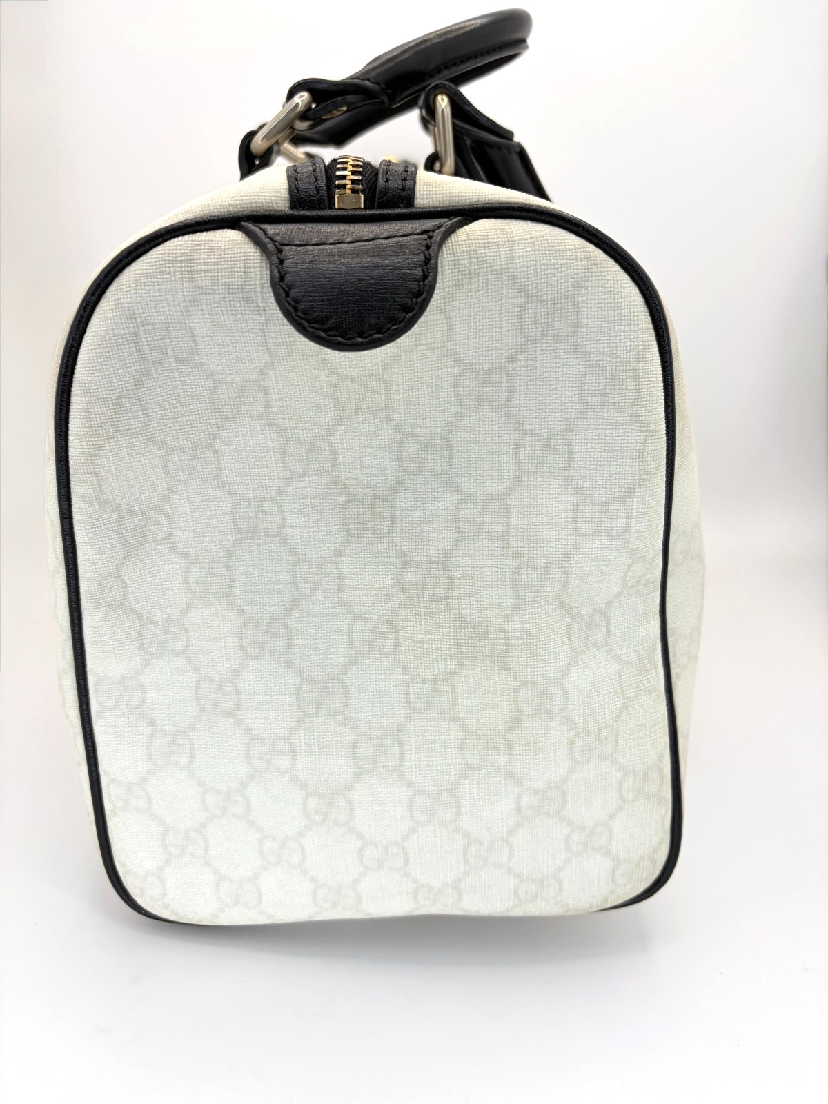 GUCCI Joy Boston Bag GG Supreme Medium White Canvas Satchel Black Leather Trim