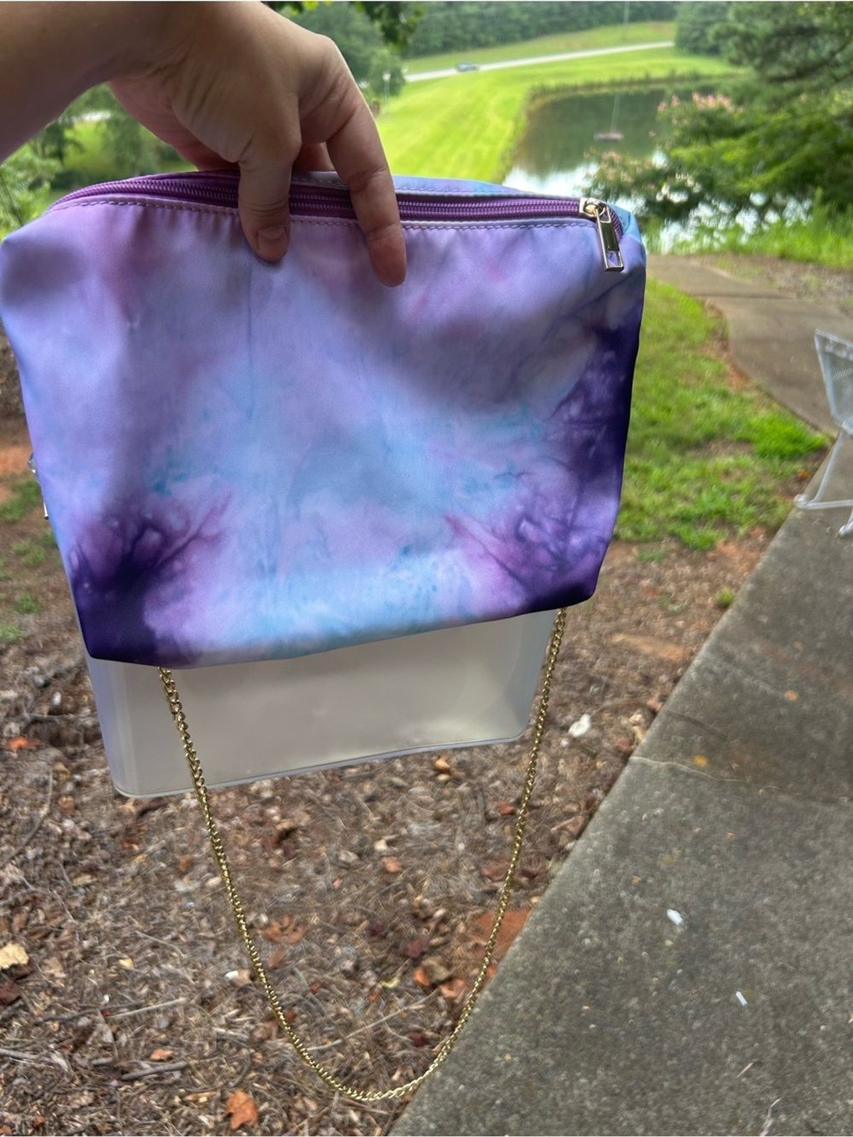 Clear Studded Jelly Tote Bag with Purple Blue Tie-Dye Cosmetic Pouch & Gold Chai