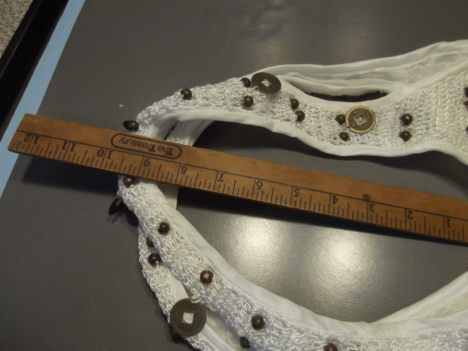 White Crocheted Shoulder Bag BoHo Style Chinease Metal Coins Enbroidered on