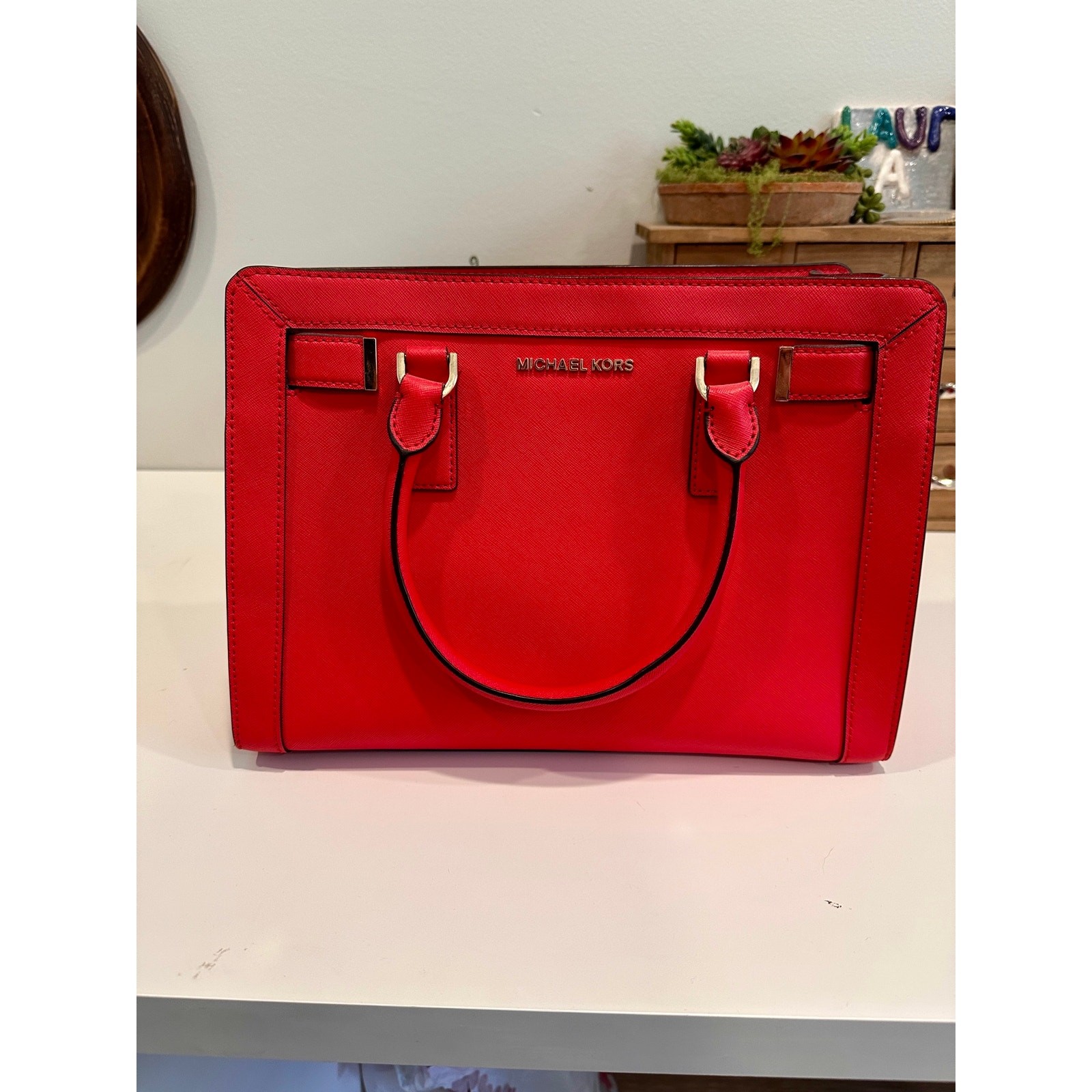 Michael Kors Bright Red Leather Satchel Tote Handbag