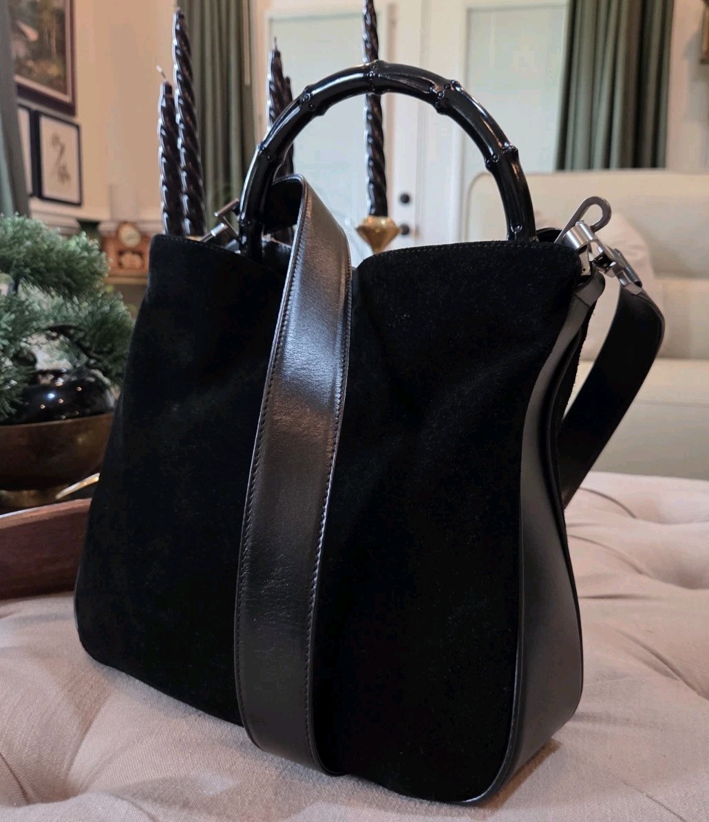 Vintage Tom Ford Era Gucci Bamboo 2Way Hobo Bag Black Suede + Leather Pristine