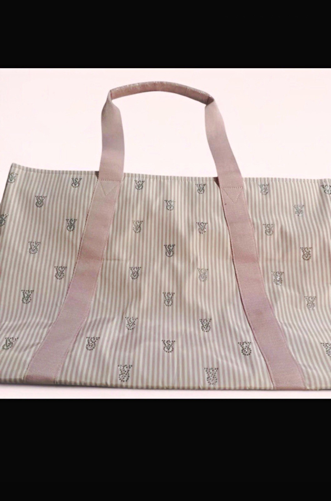Victoria’s Secret Large Striped Logo Tote Bag Pink/White Lightweight Open