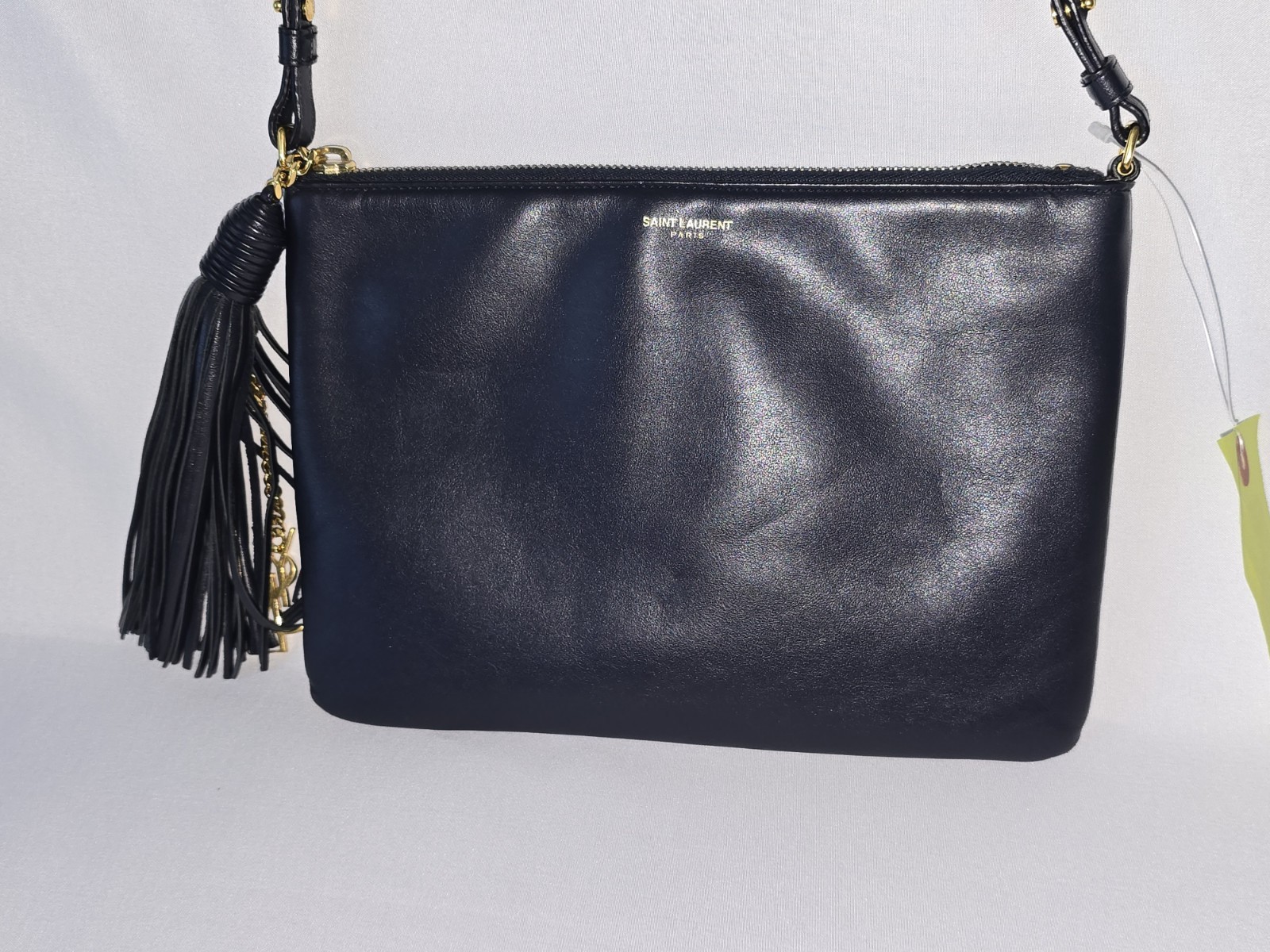 Authentic Saint Laurent Teen Monogram Crossbody Bag Navy Calfskin Leather Gold