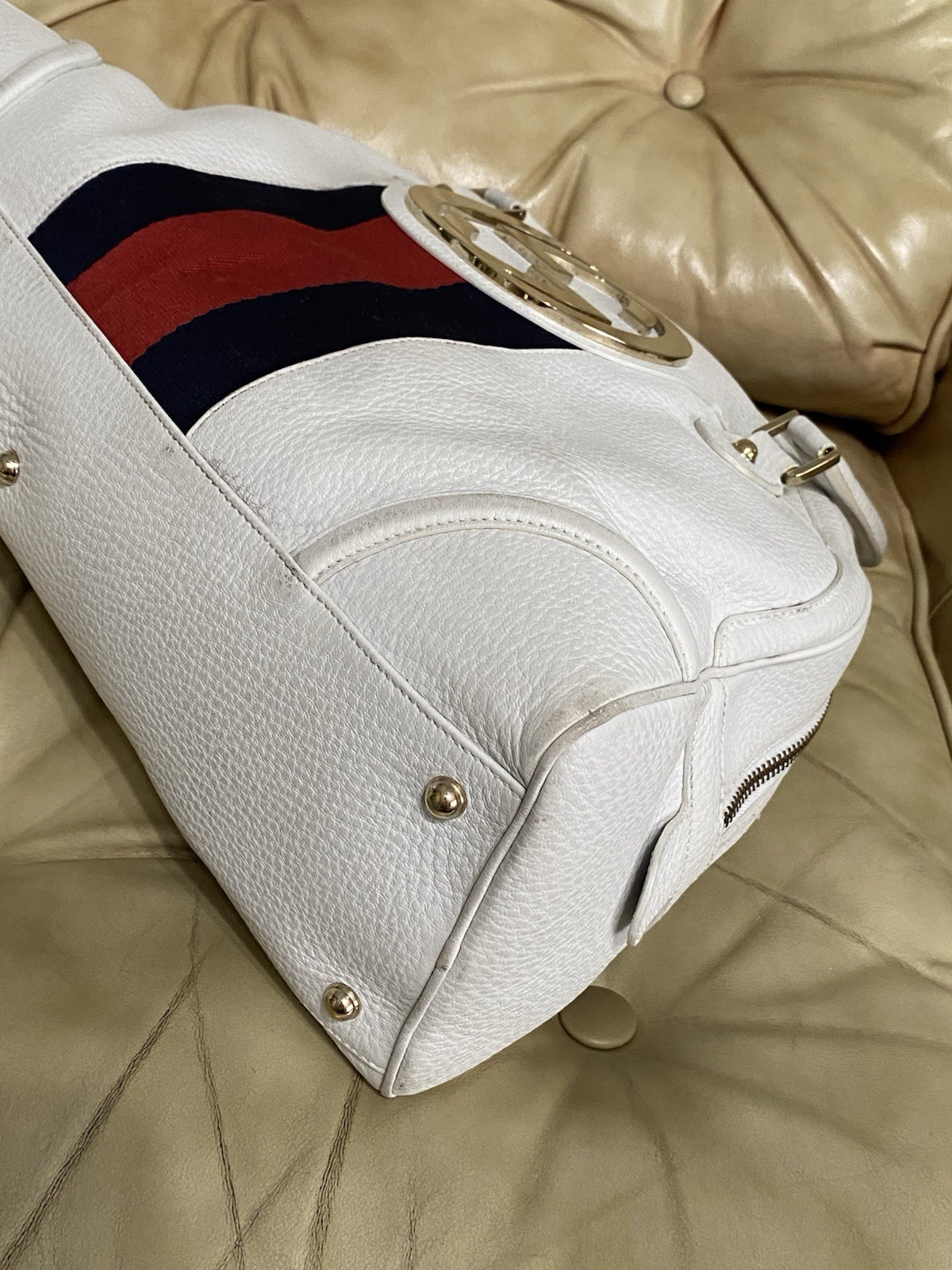 RARE Gucci XL Blondie Travel Bag Dome Satchel Web Stripe Pebble Leather