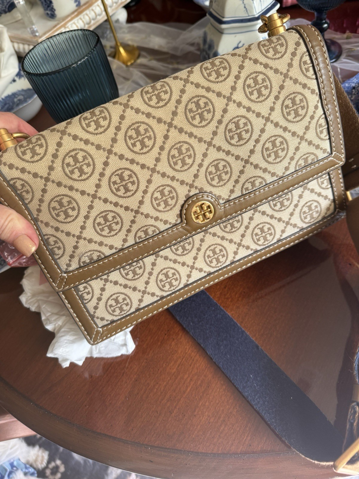 Tory Burch Beige/Brown Logo Print handbag with matching wallet