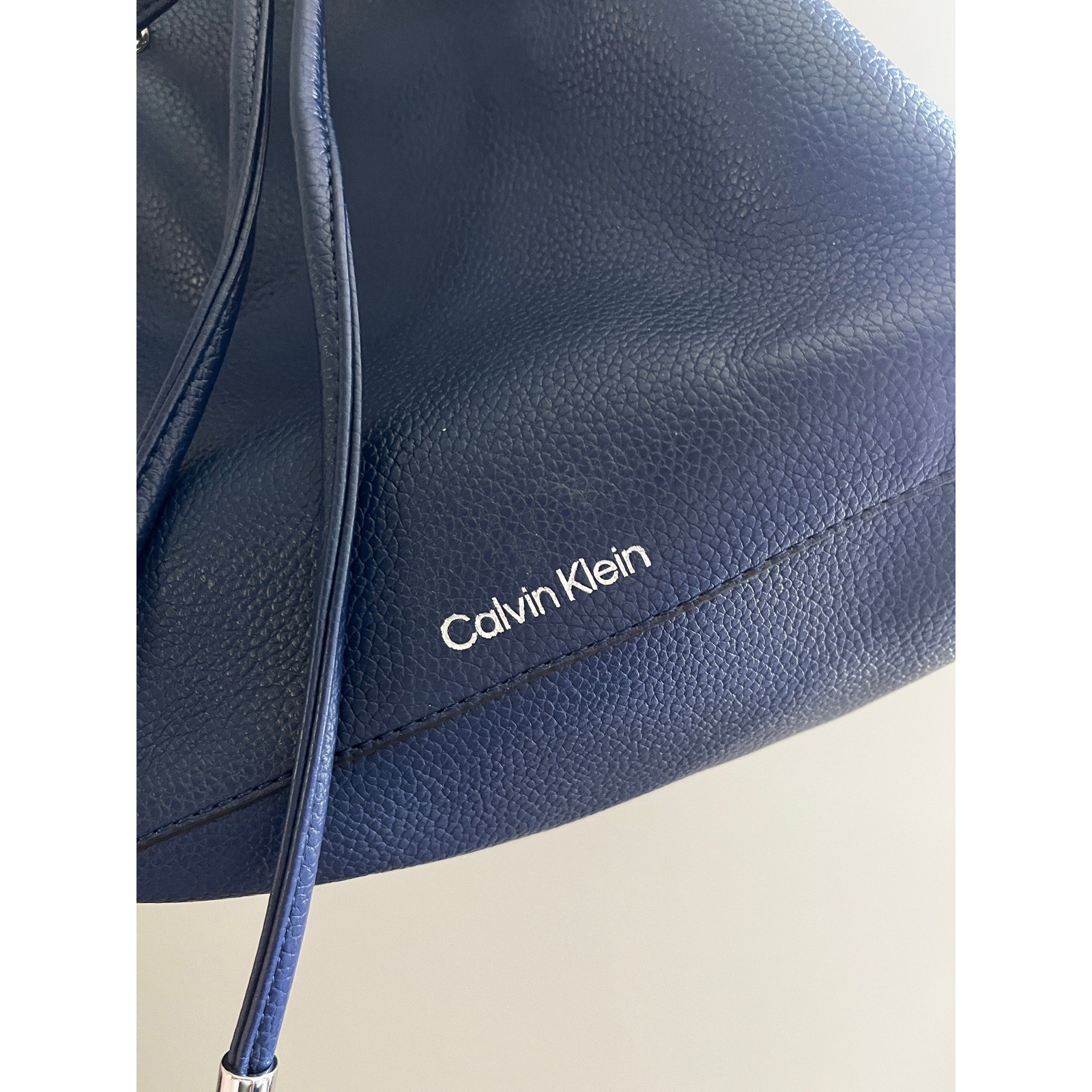 Calvin Klein Leather Bucket Bag Navy Blue Drawstring Everyday Chic Office Modern