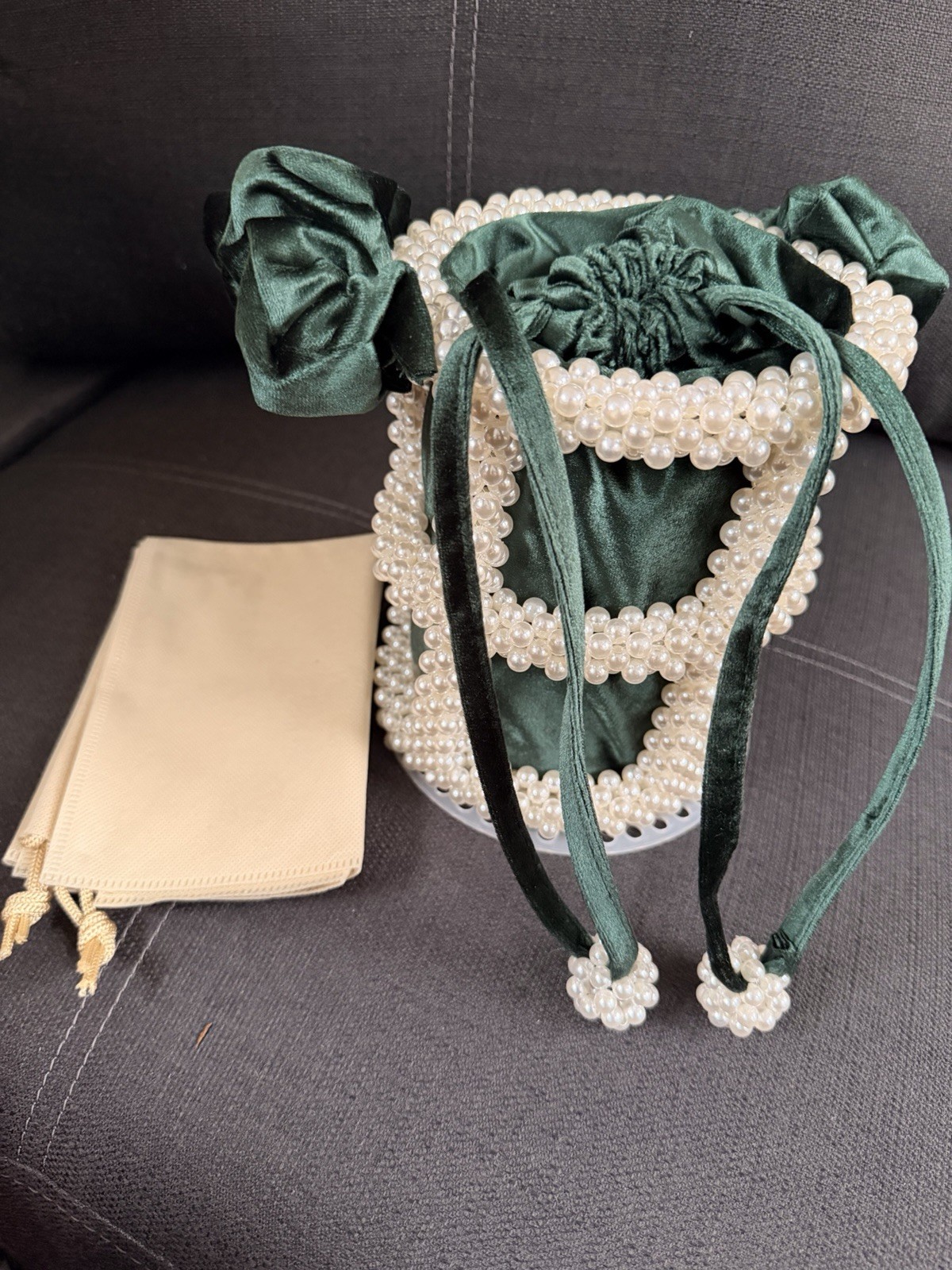 Green Satin Faux Pearl Beaded Drawstring Bucket Bag Scrunch Top Handle Lined